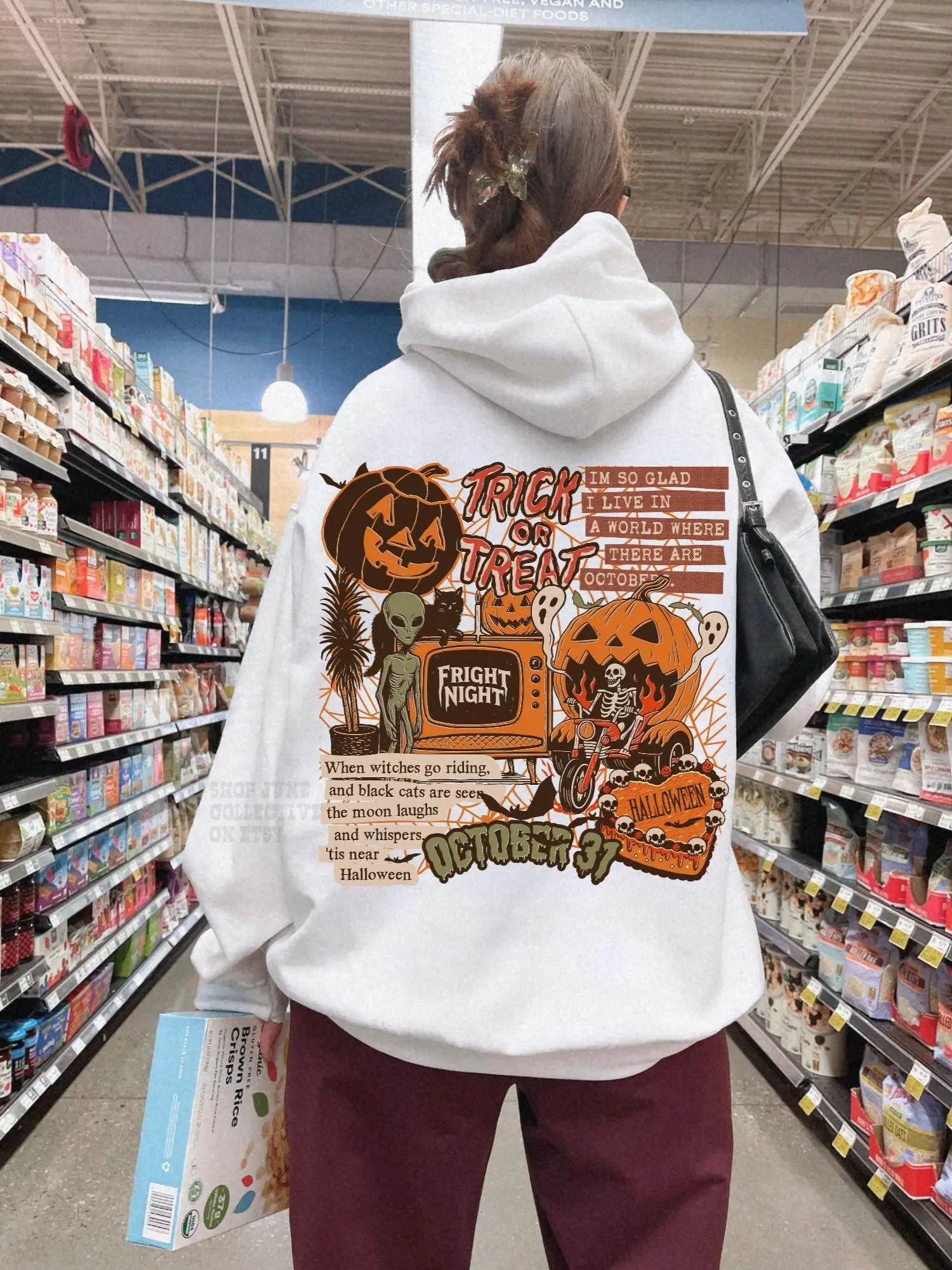 Vintage Halloween Collage Unisex Hoodie, Grunge Trick or Treat Fright Night Ghost Pumpkin Witchy Skeleton Sweatshirt - photo 5