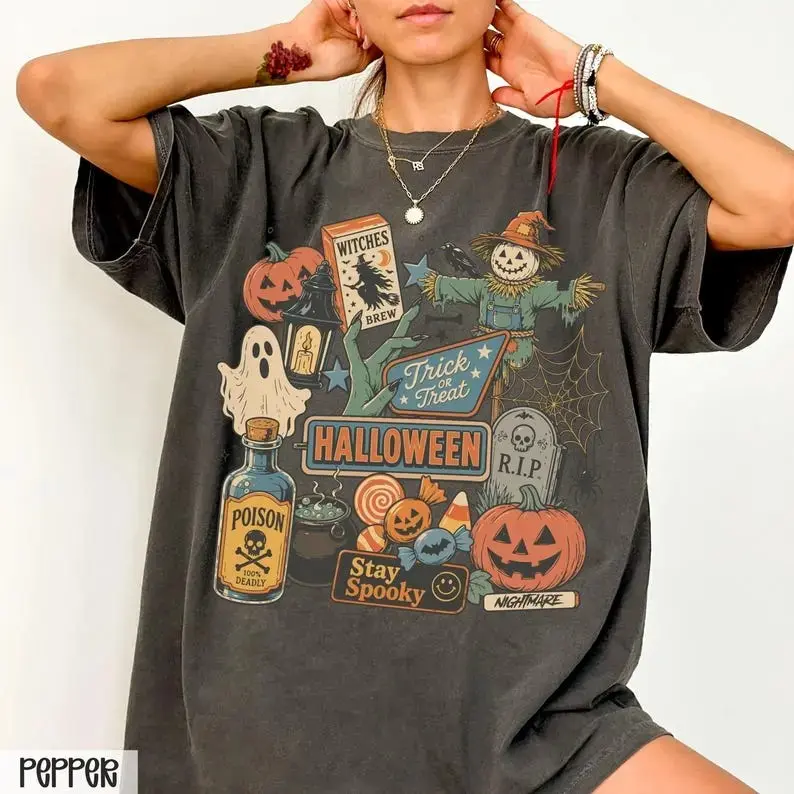 Comfort Colors Vintage Halloween Shirt, Pumpkin Ghost Scarecrow Retro Party Graphic Tee, Spooky Season Gift