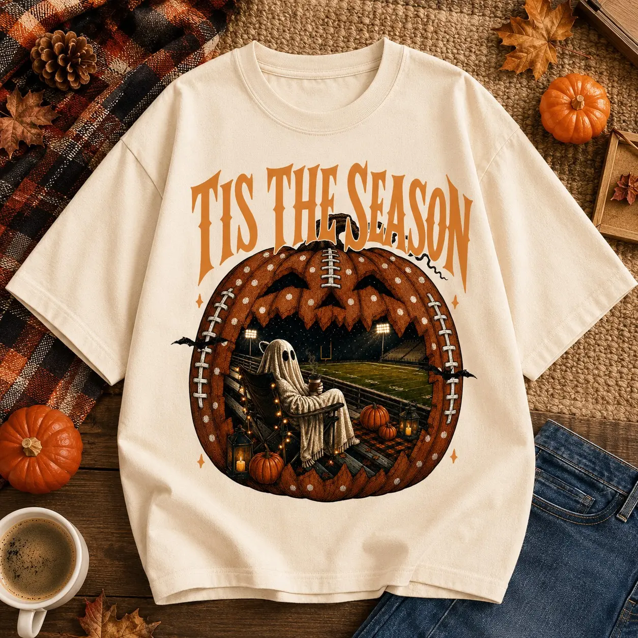 Vintage Halloween Football Shirt, Tis the Season Ghost Pumpkin Retro Fall Game Day Design