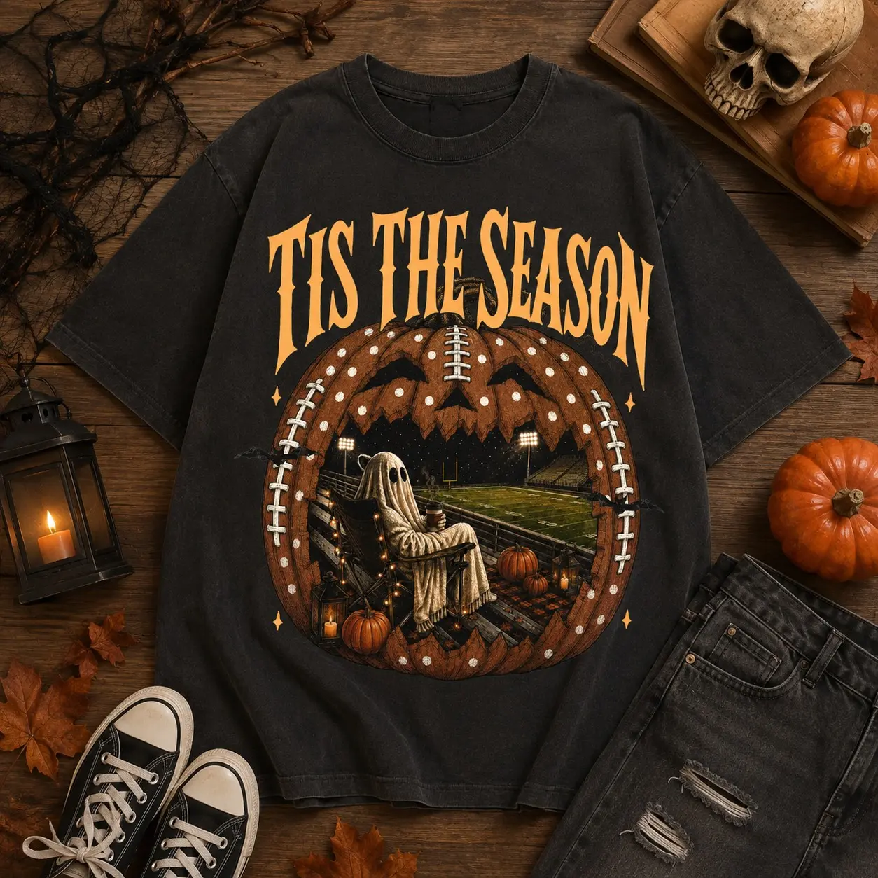 Vintage Halloween Football Shirt, Tis the Season Ghost Pumpkin Retro Fall Game Day Design - photo 3