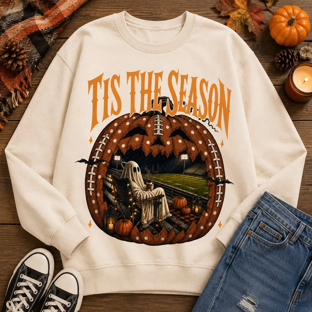Vintage Halloween Football Sweatshirt, Tis the Season Ghost Pumpkin Retro Fall Game Day Design - photo 2