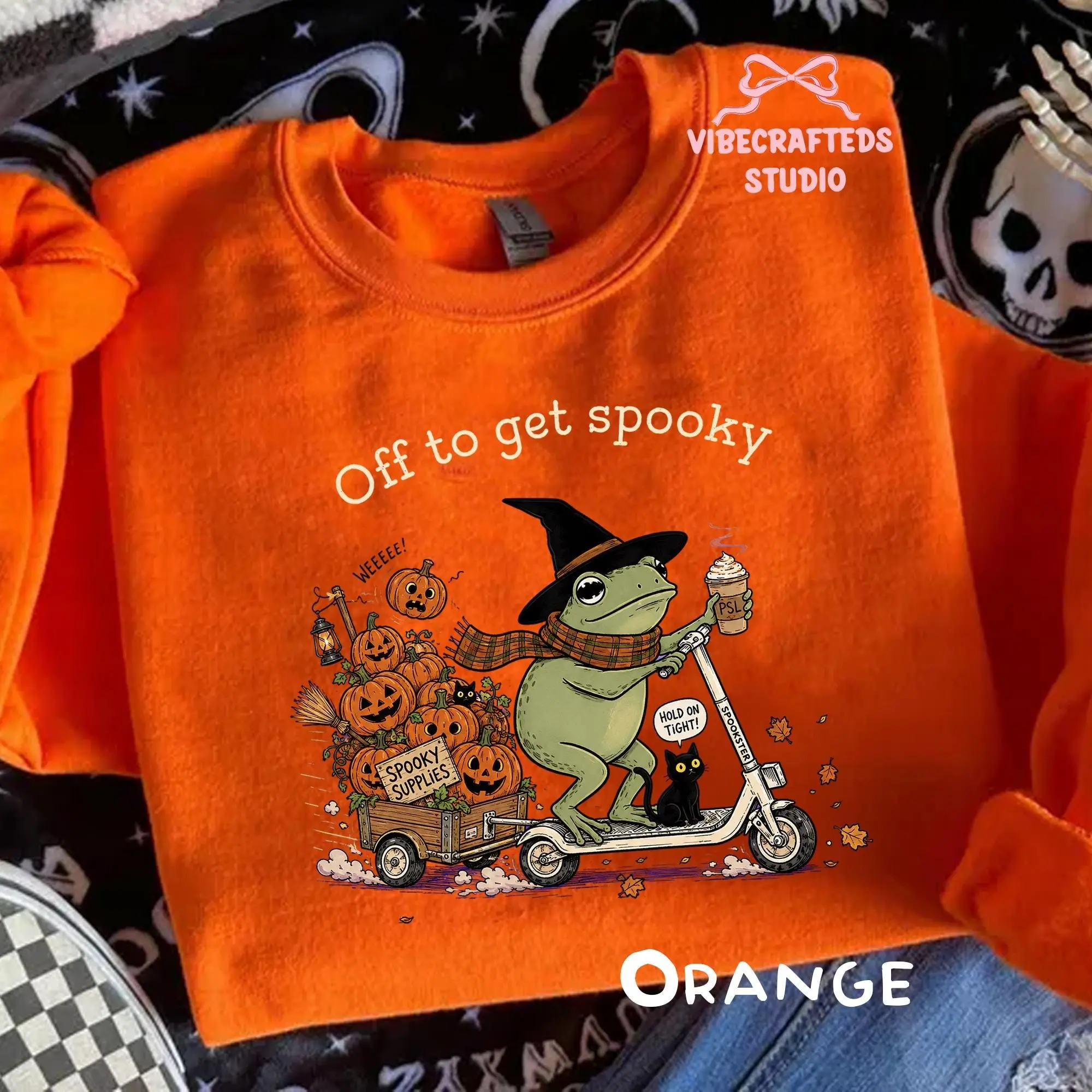 Comfort Colors Vintage Halloween Frog Shirt, Scooter Pumpkin Cart Tee, Off To Get Spooky Season Funny Fall Top - photo 2