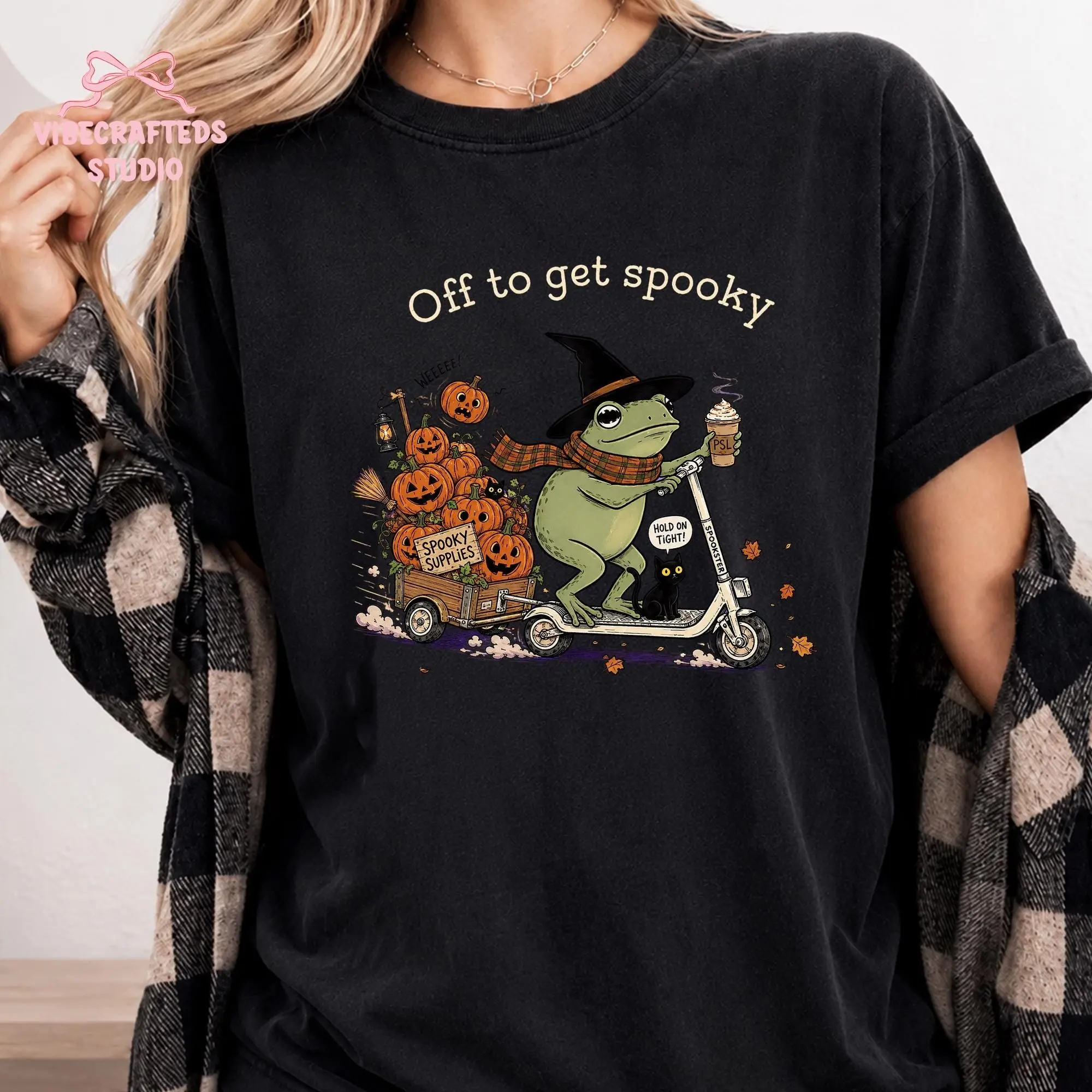 Comfort Colors Vintage Halloween Frog Shirt, Scooter Pumpkin Cart Tee, Off To Get Spooky Season Funny Fall Top - photo 5
