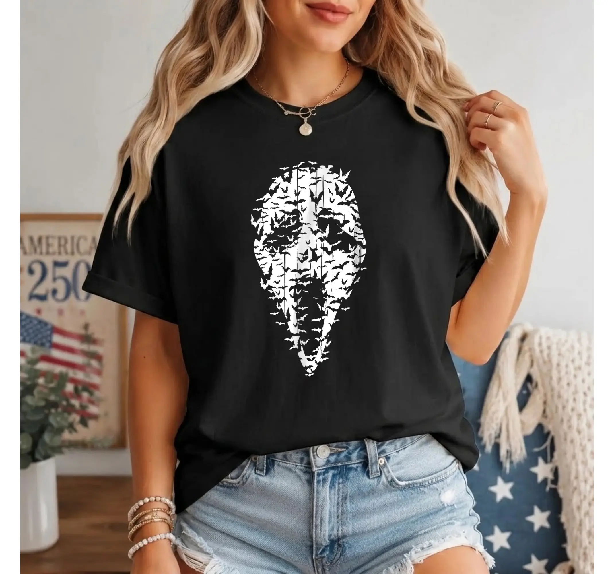 Vintage Halloween Graphic Tee, Scary Horror Face Retro Bat Shirt for Adults