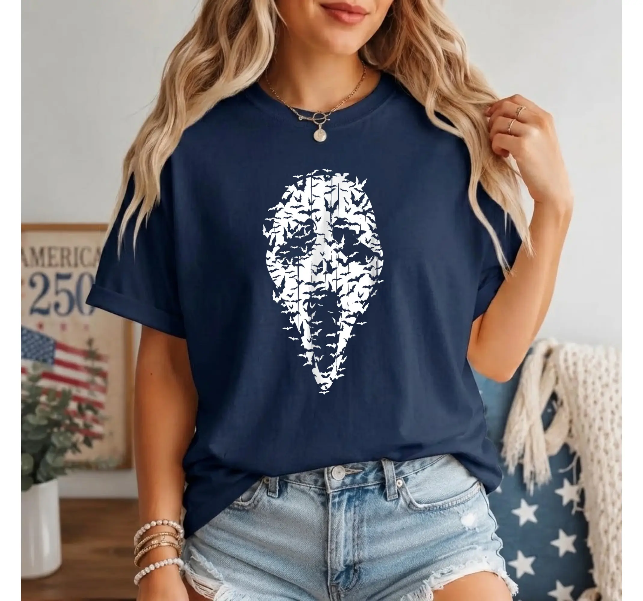 Vintage Halloween Graphic Tee, Scary Horror Face Retro Bat Shirt for Adults - photo 3