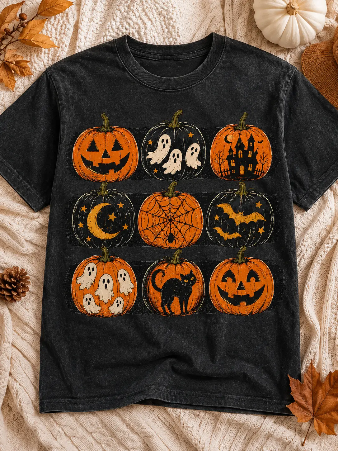 Vintage Halloween Pumpkin Shirt, Spooky Collage Graphic Tee, Retro Ghost Black Cat Fall Top