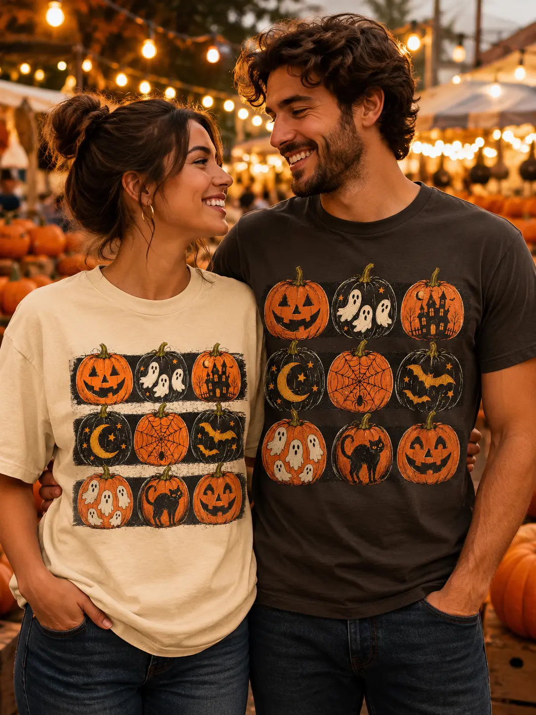 Vintage Halloween Pumpkin Shirt, Spooky Collage Graphic Tee, Retro Ghost Black Cat Fall Top - photo 3