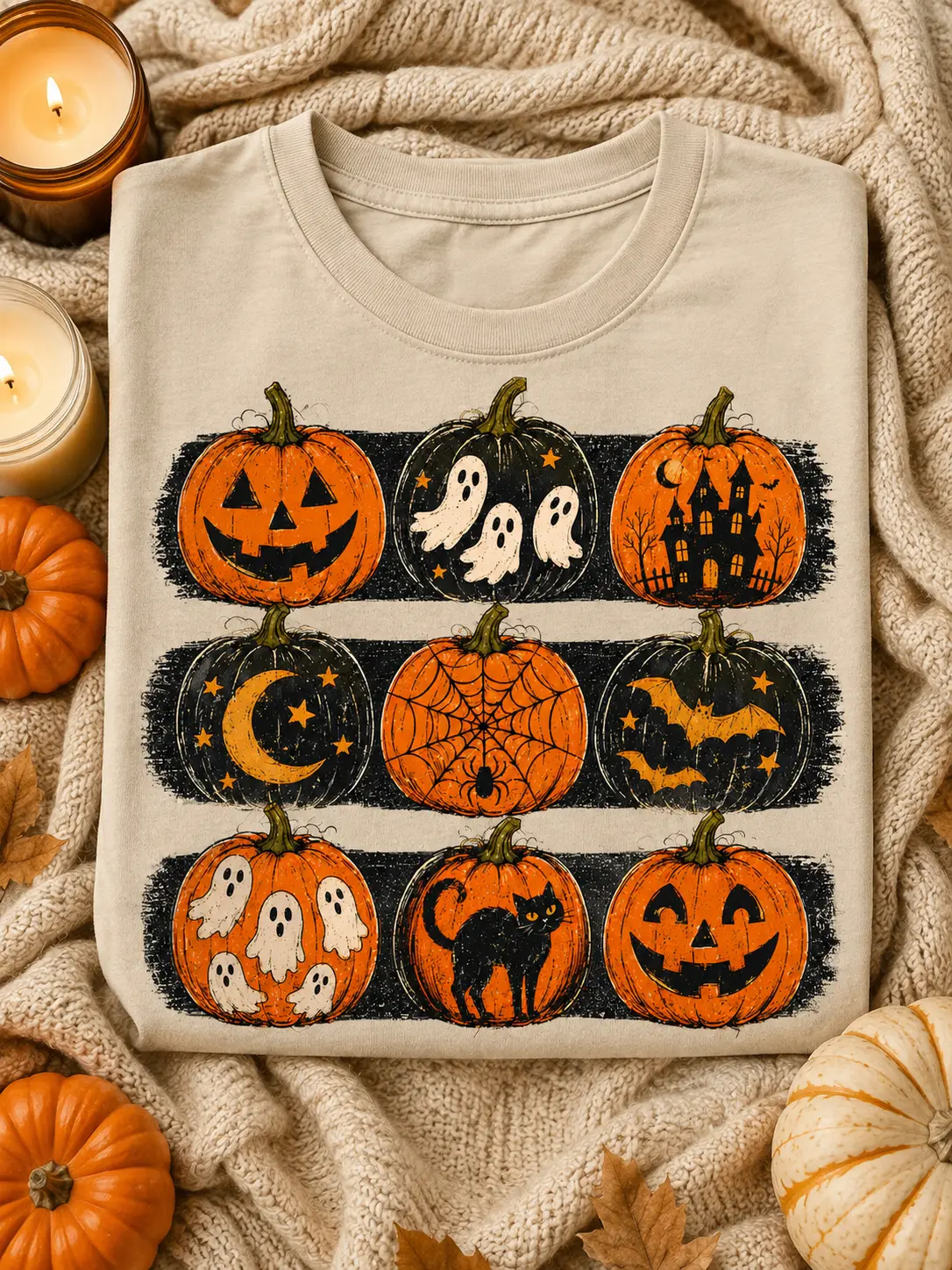 Vintage Halloween Pumpkin Shirt, Spooky Collage Graphic Tee, Retro Ghost Black Cat Fall Top - photo 4