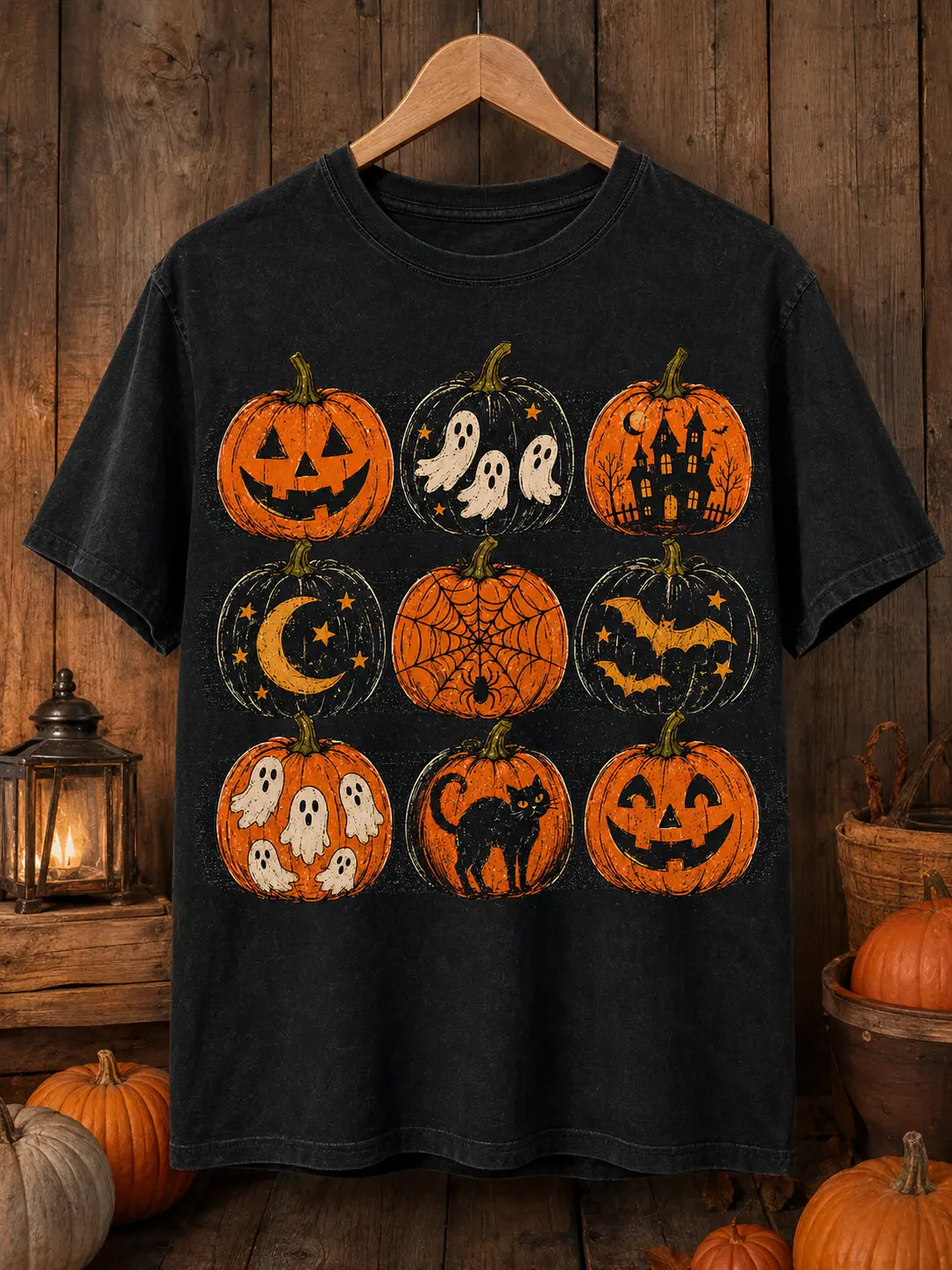 Vintage Halloween Pumpkin Shirt, Spooky Collage Graphic Tee, Retro Ghost Black Cat Fall Top - photo 5