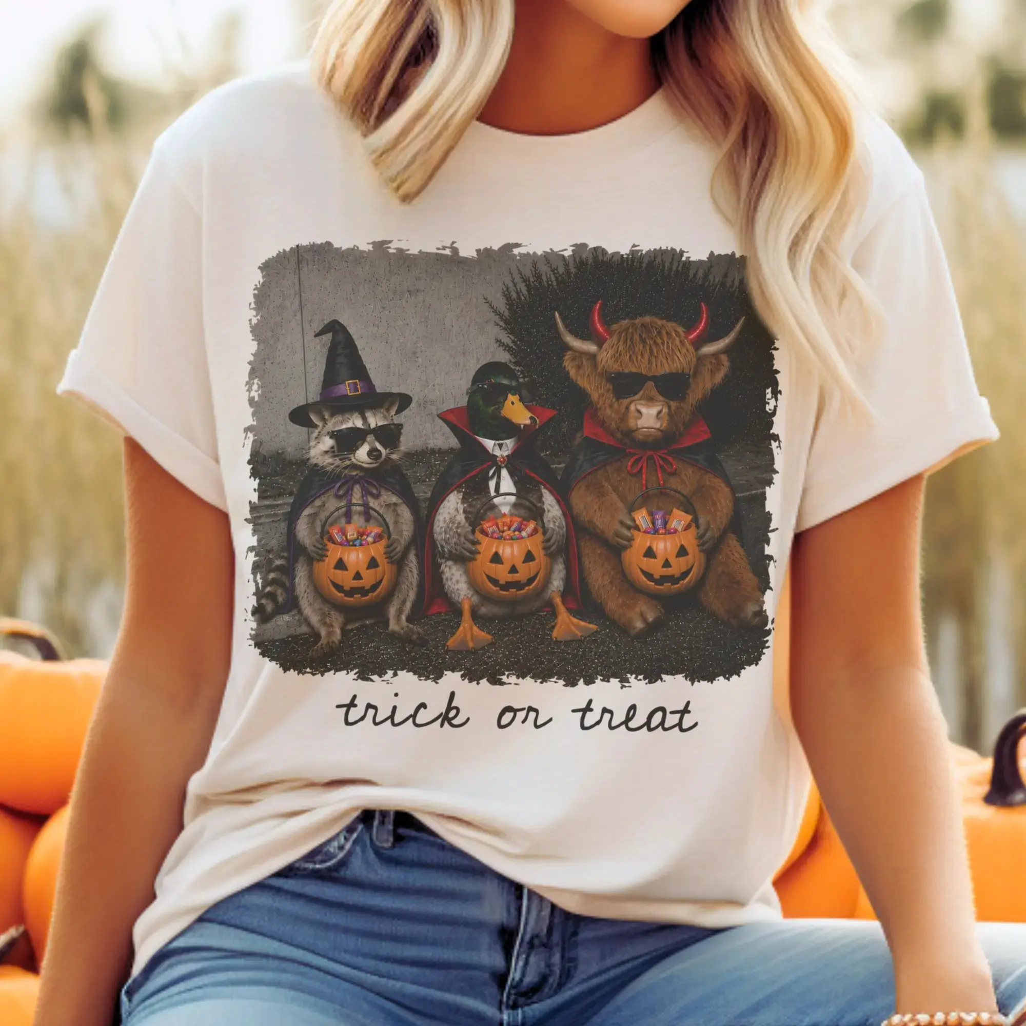 Vintage Halloween Raccoon Graphic Tee, Womens Funny Highland Cow Duck Witch Dracula Animal Costume Shirt, Cute Fall Top