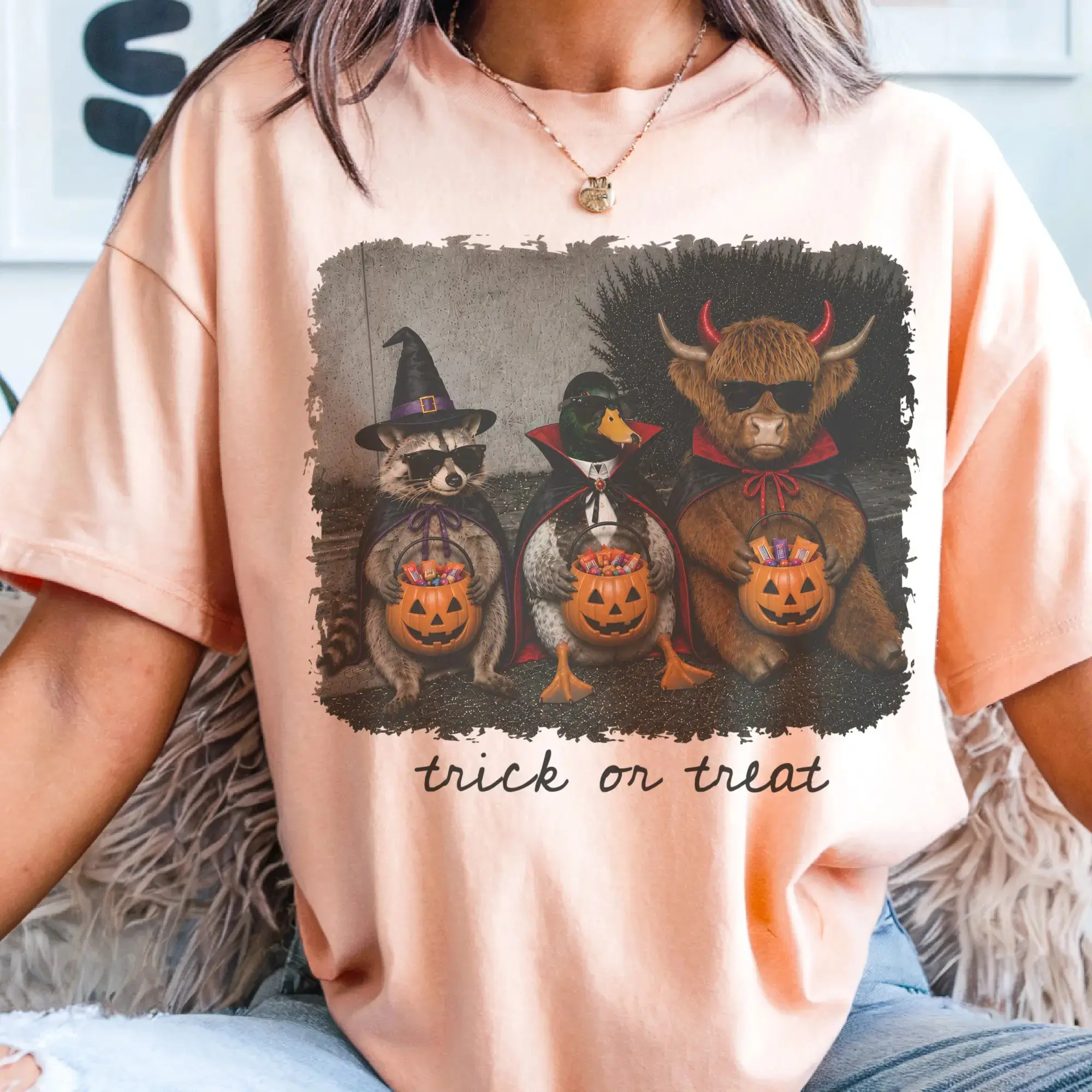 Vintage Halloween Raccoon Graphic Tee, Womens Funny Highland Cow Duck Witch Dracula Animal Costume Shirt, Cute Fall Top - photo 3