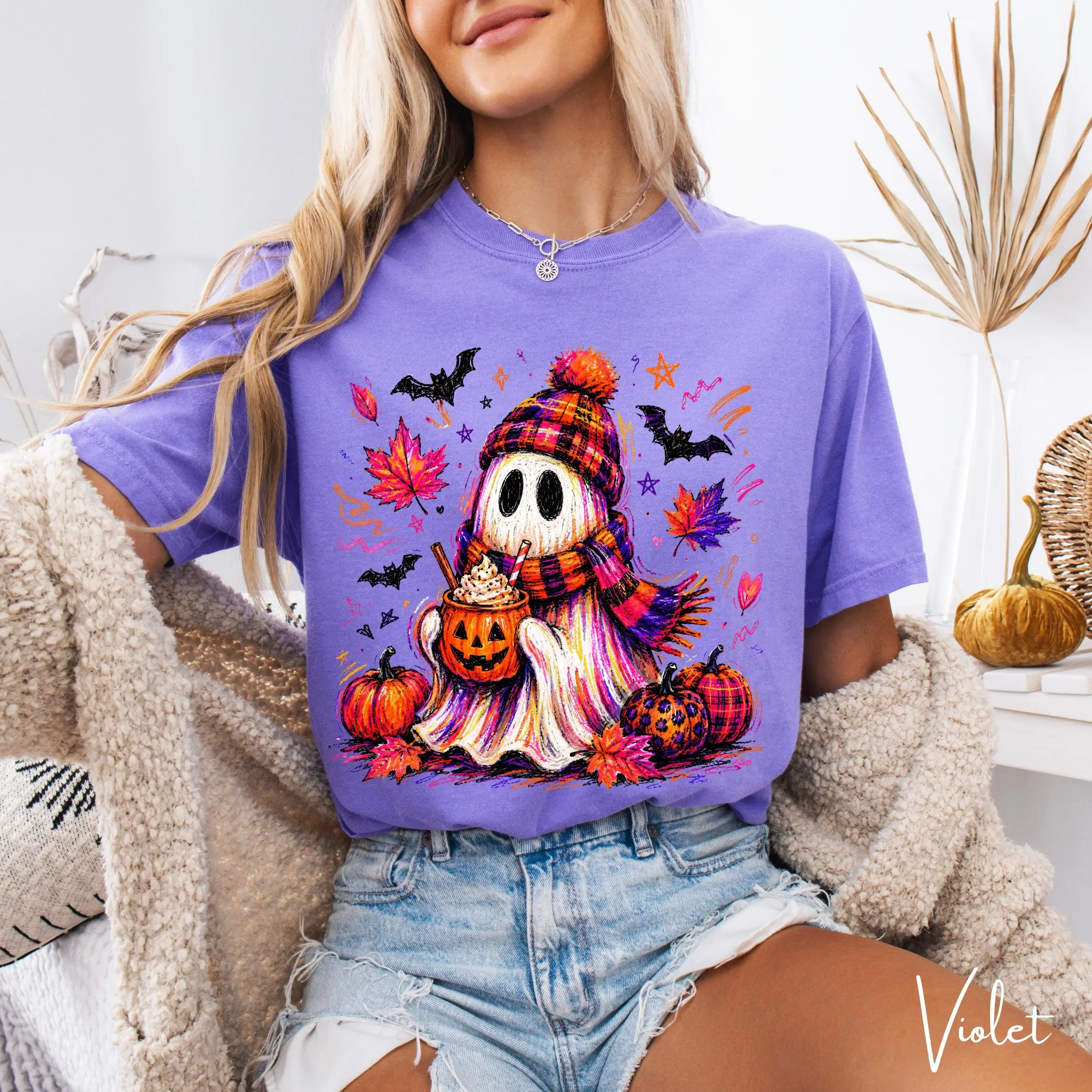 Comfort Colors 1717 Vintage Halloween Shirt, Cute Retro Ghost Pumpkin Graphic Tee, Spooky Season Fall Top