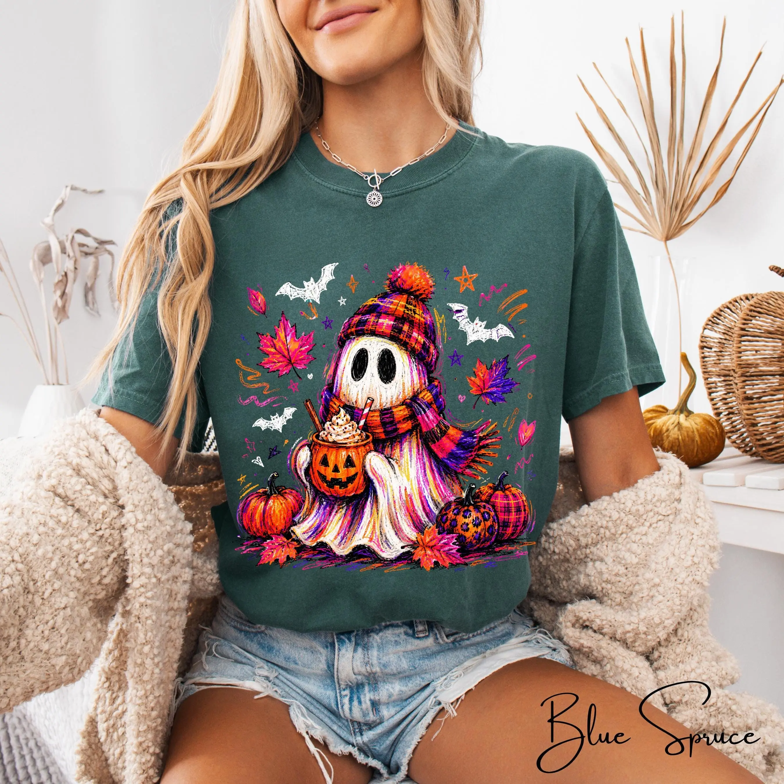Comfort Colors 1717 Vintage Halloween Shirt, Cute Retro Ghost Pumpkin Graphic Tee, Spooky Season Fall Top - photo 5