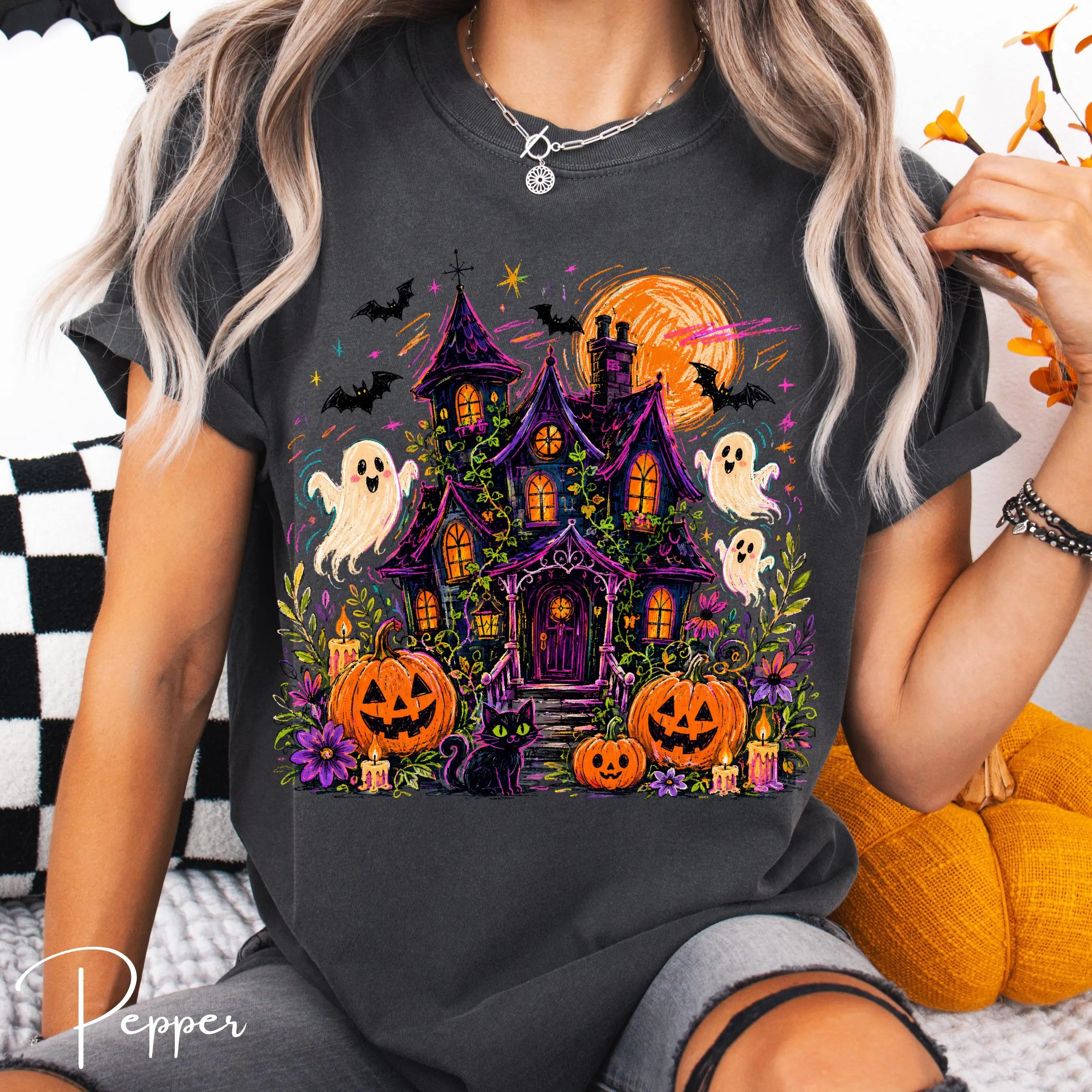 Vintage Haunted Mansion Halloween Shirt, Retro Comfort Colors Cute Ghost Pumpkin Spooky Season Fall Top - photo 4