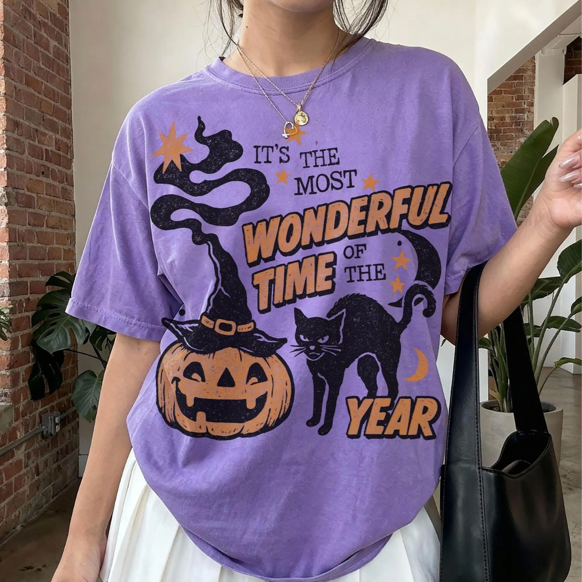 Vintage Retro Summerween 90s Halloween Shirt, Spooky Black Cat Witchy Pumpkin Most Wonderful Time Fall Tee