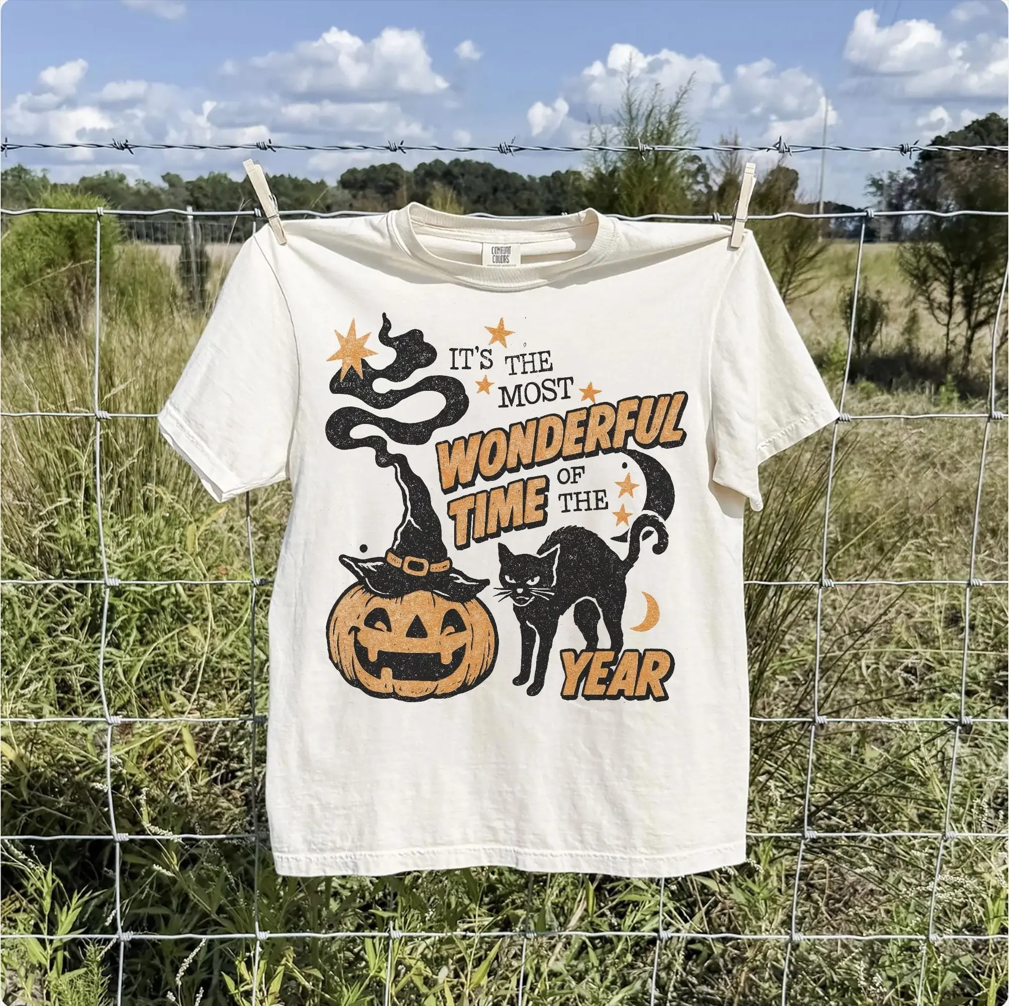 Vintage Retro Summerween 90s Halloween Shirt, Spooky Black Cat Witchy Pumpkin Most Wonderful Time Fall Tee - photo 4