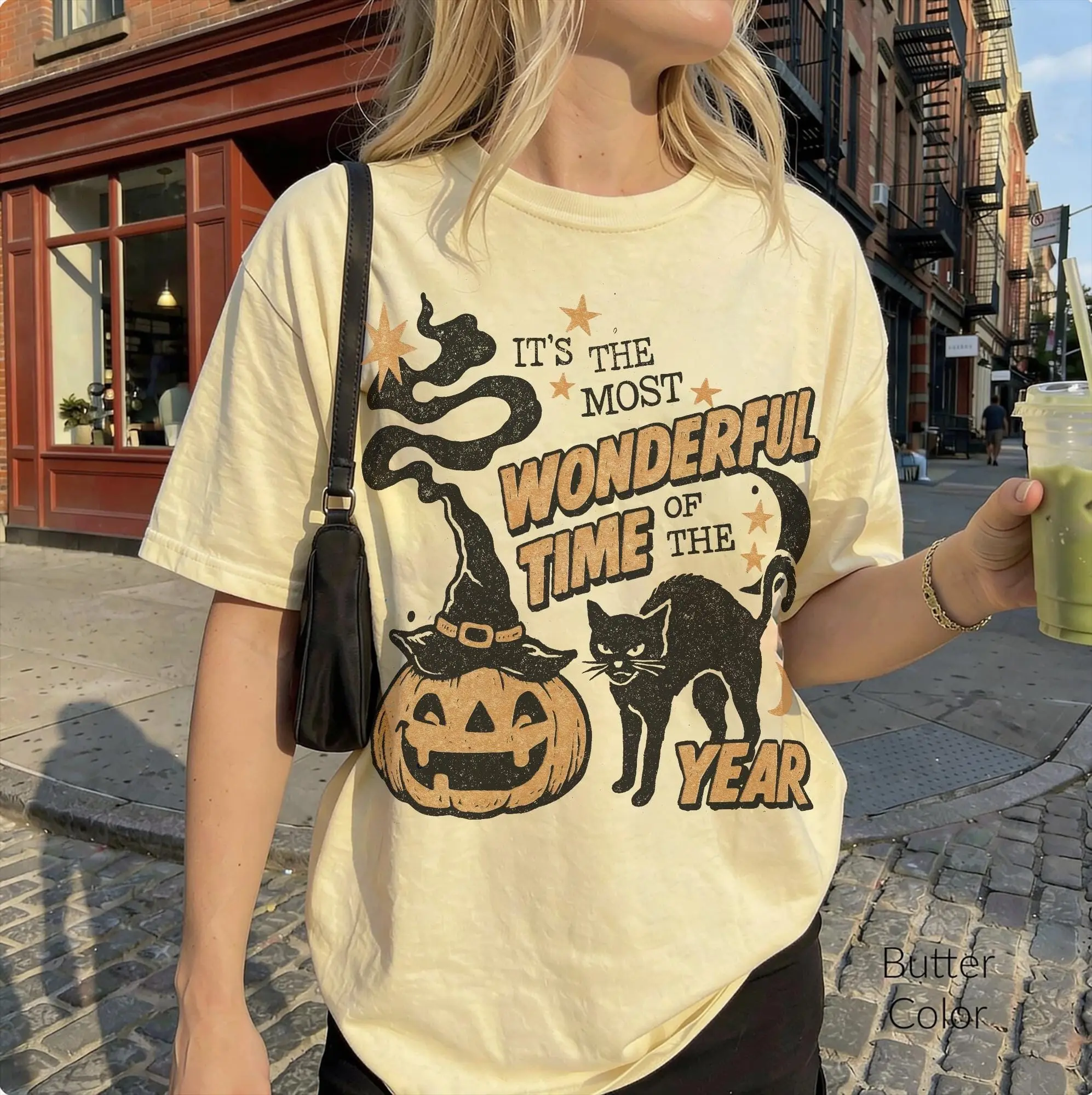 Vintage Retro Summerween 90s Halloween Shirt, Spooky Black Cat Witchy Pumpkin Most Wonderful Time Fall Tee - photo 5