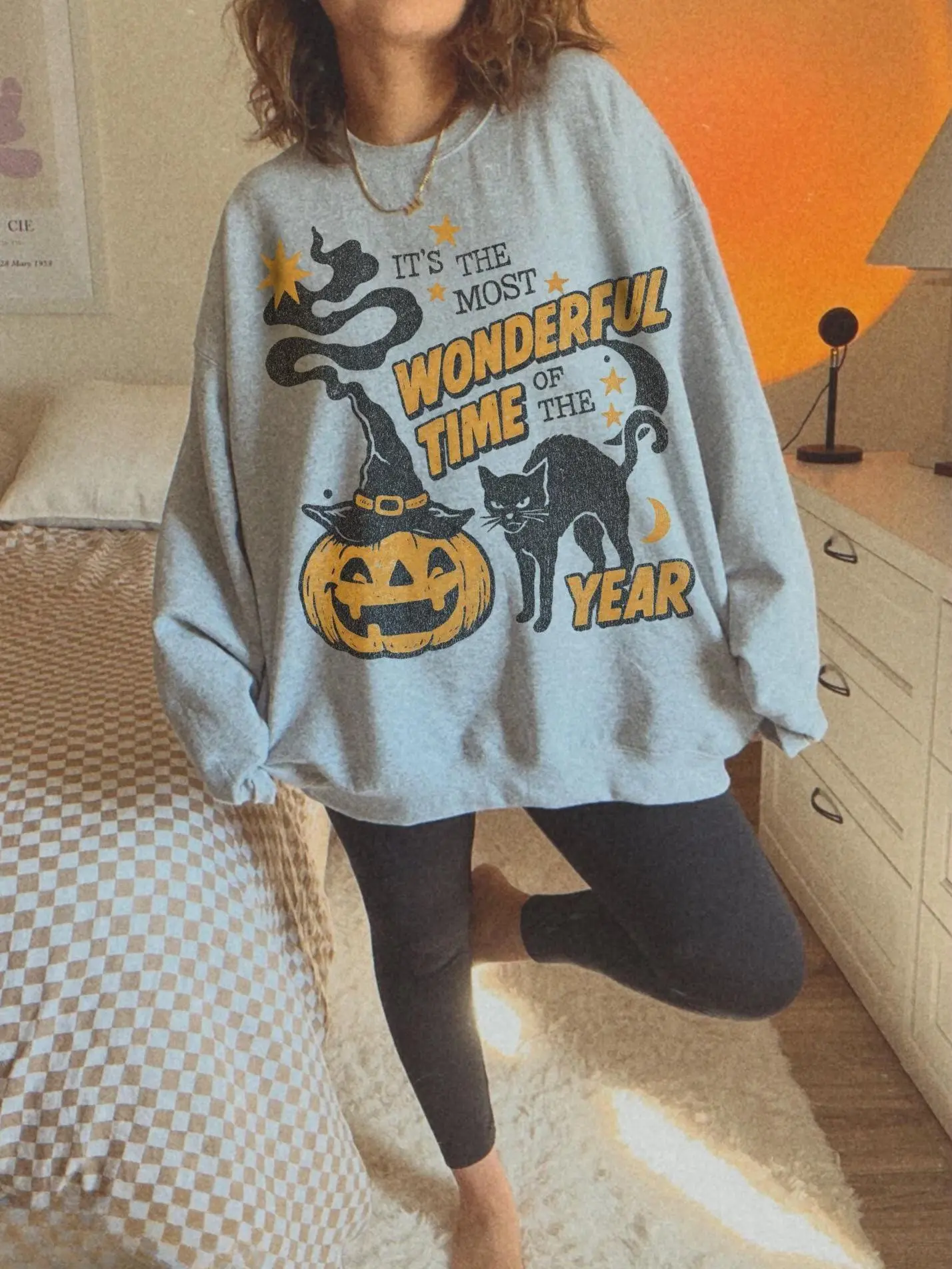 Vintage Halloween Sweatshirt, Retro 90s Spooky Black Cat Crewneck, Witchy Pumpkin Most Wonderful Time Unisex Fall Top