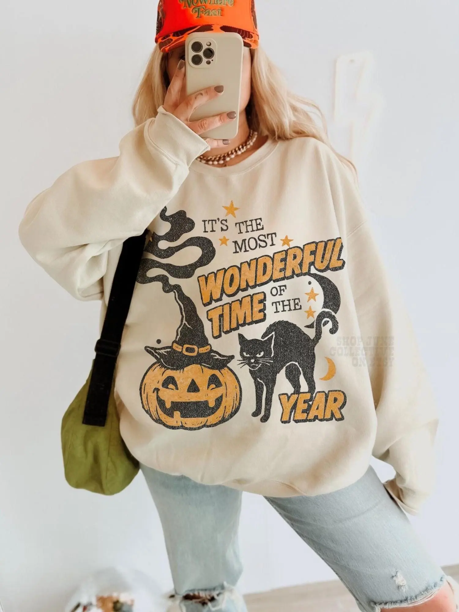 Vintage Halloween Sweatshirt, Retro 90s Spooky Black Cat Crewneck, Witchy Pumpkin Most Wonderful Time Unisex Fall Top - photo 2