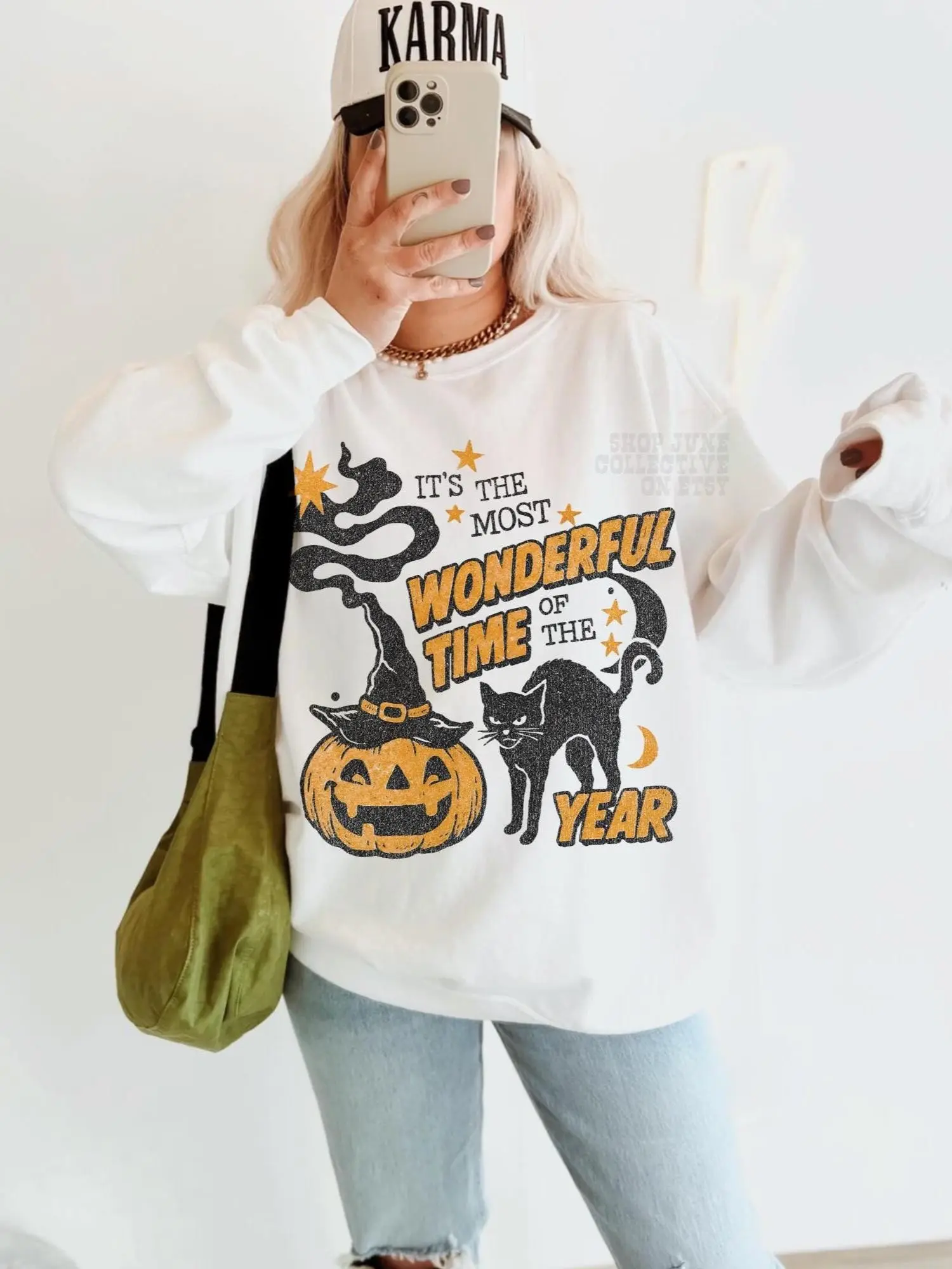 Vintage Halloween Sweatshirt, Retro 90s Spooky Black Cat Crewneck, Witchy Pumpkin Most Wonderful Time Unisex Fall Top - photo 3