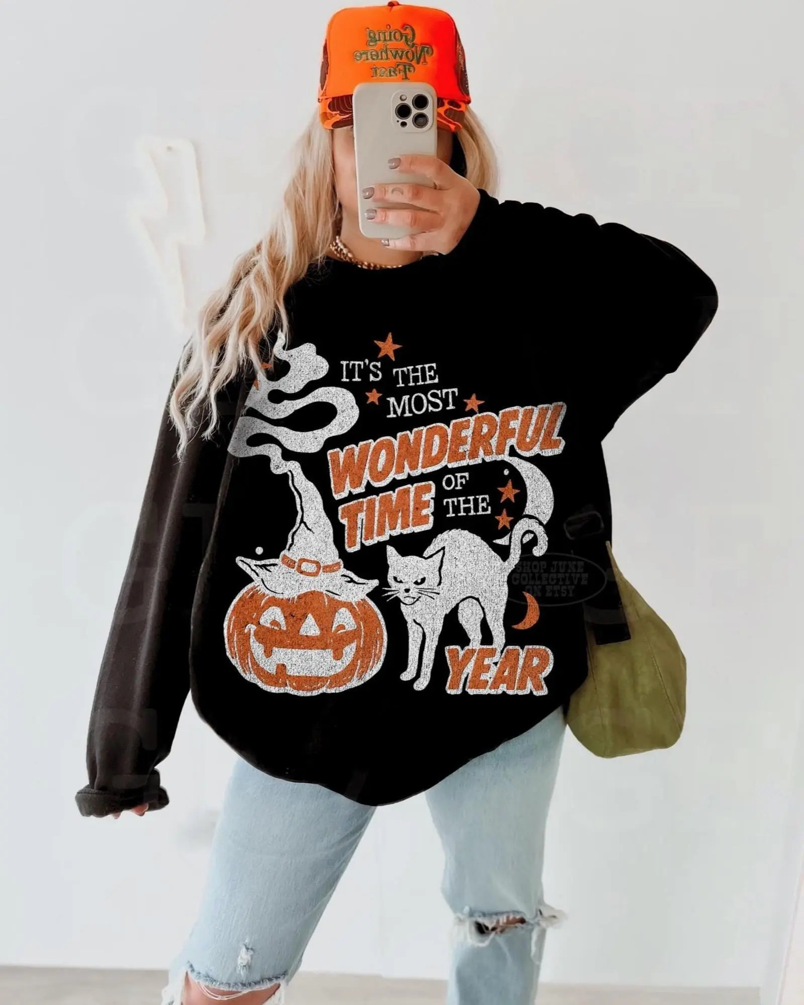 Vintage Halloween Sweatshirt, Retro 90s Spooky Black Cat Crewneck, Witchy Pumpkin Most Wonderful Time Unisex Fall Top - photo 5