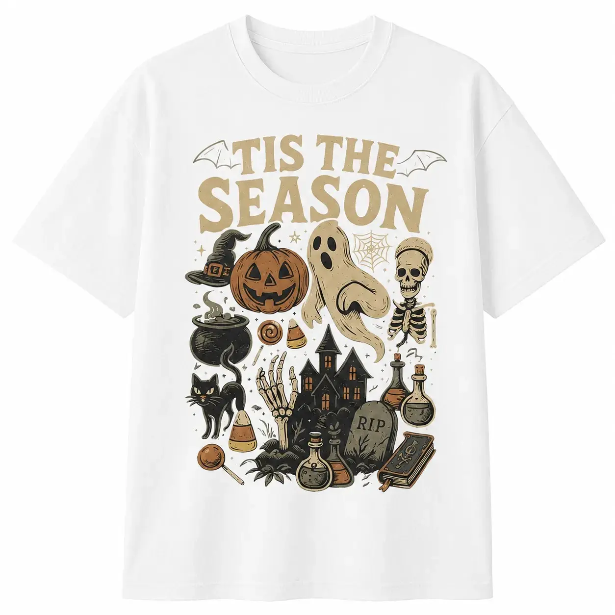 Vintage Tis the Season Halloween T-Shirt, Retro Y2K Skeleton Pumpkin Ghost Graphic Tee