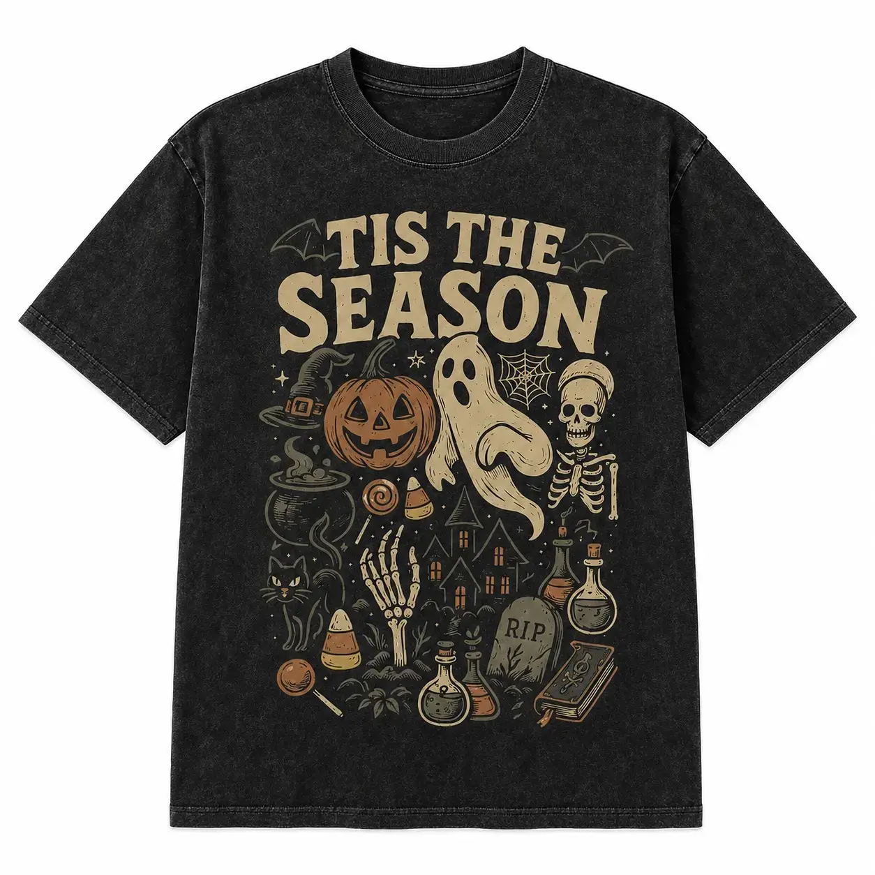 Vintage Tis the Season Halloween T-Shirt, Retro Y2K Skeleton Pumpkin Ghost Graphic Tee - photo 3
