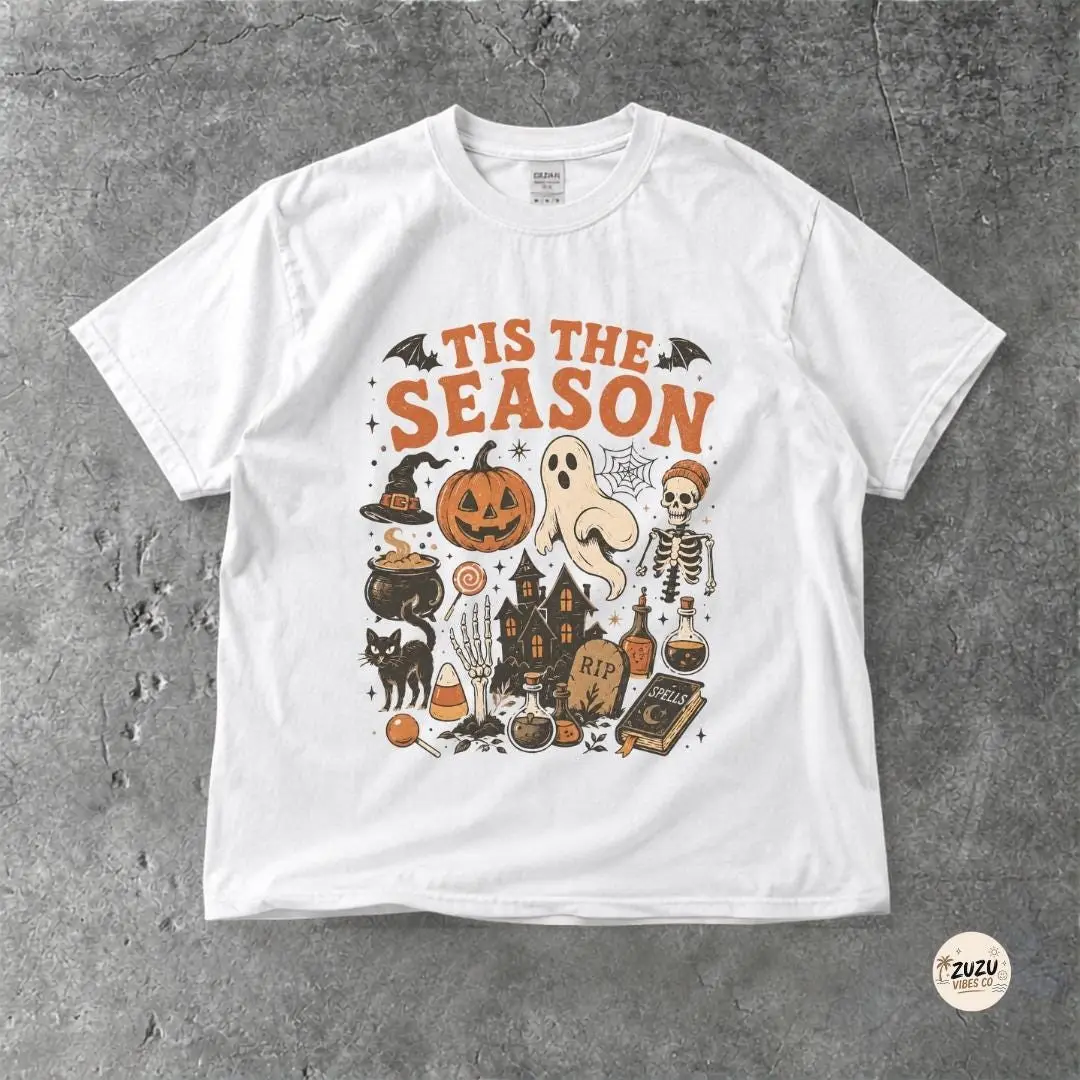 Vintage Halloween T-Shirt, Retro Tis The Season Ghost Pumpkin Skeleton Tee, Spooky Fall Graphic Top, Y2K Gift for Women - photo 3