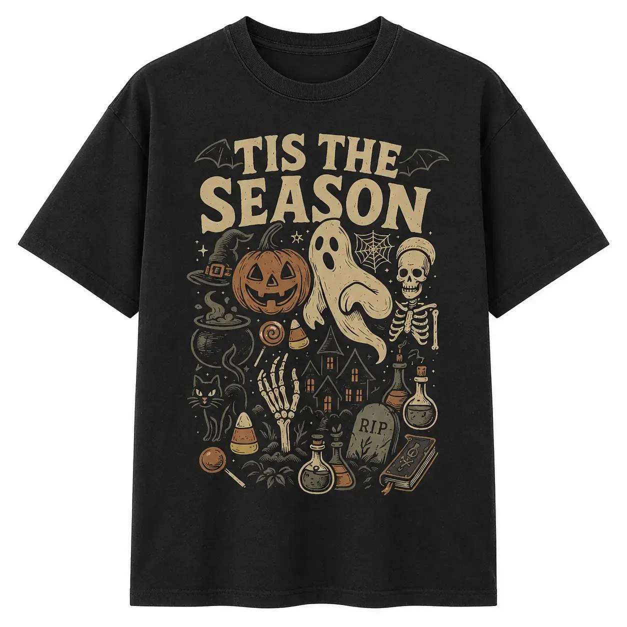 Vintage Tis the Season Halloween T-Shirt, Retro Y2K Skeleton Pumpkin Ghost Graphic Tee - photo 4