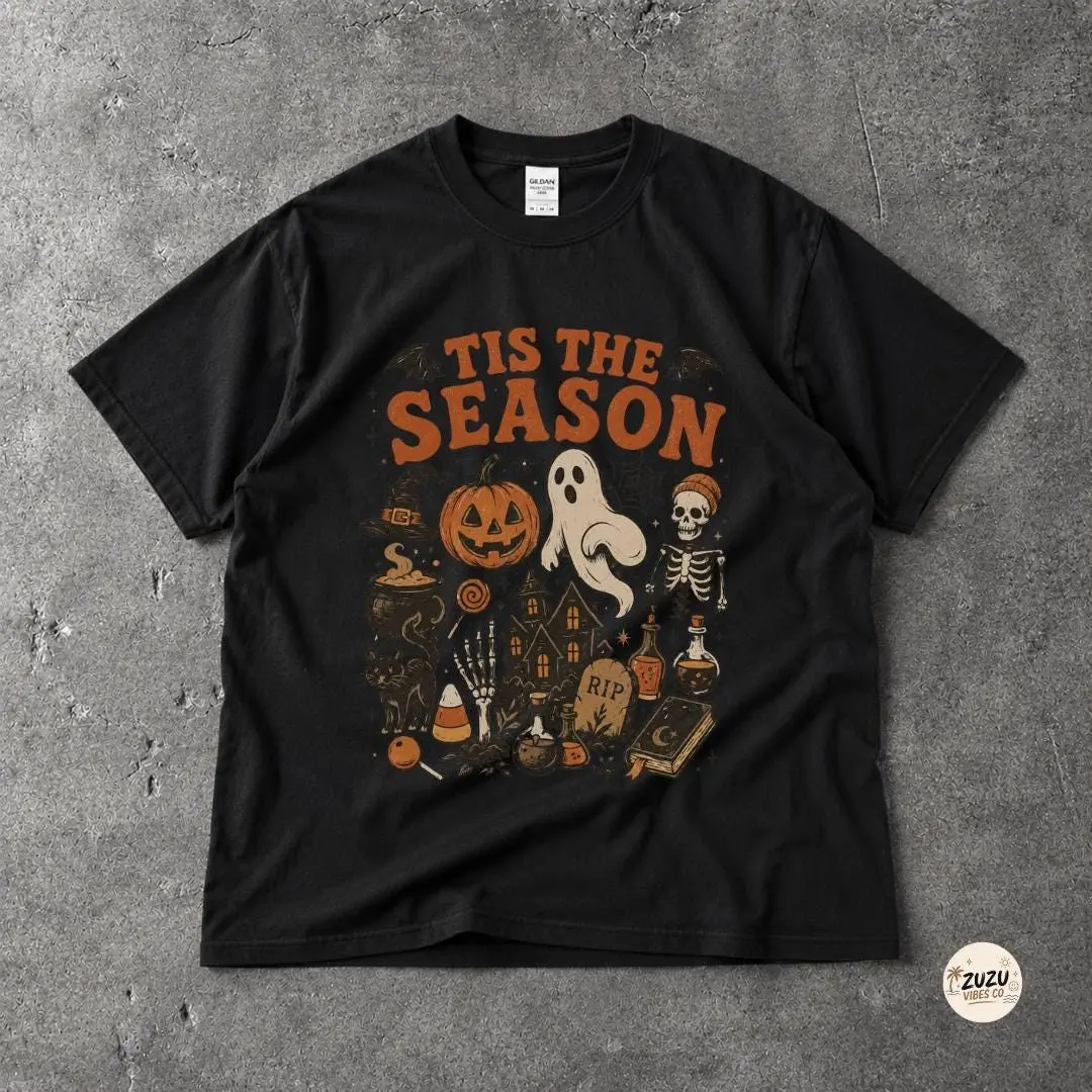 Vintage Halloween T-Shirt, Retro Tis The Season Ghost Pumpkin Skeleton Tee, Spooky Fall Graphic Top, Y2K Gift for Women - photo 5