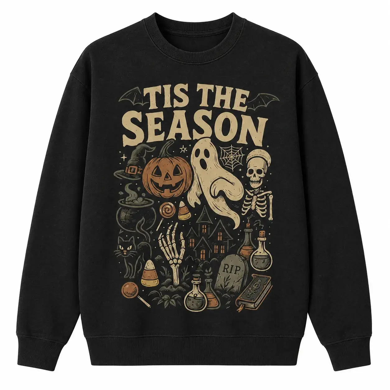 Vintage Tis the Season Halloween T-Shirt, Retro Y2K Skeleton Pumpkin Ghost Graphic Tee - photo 5