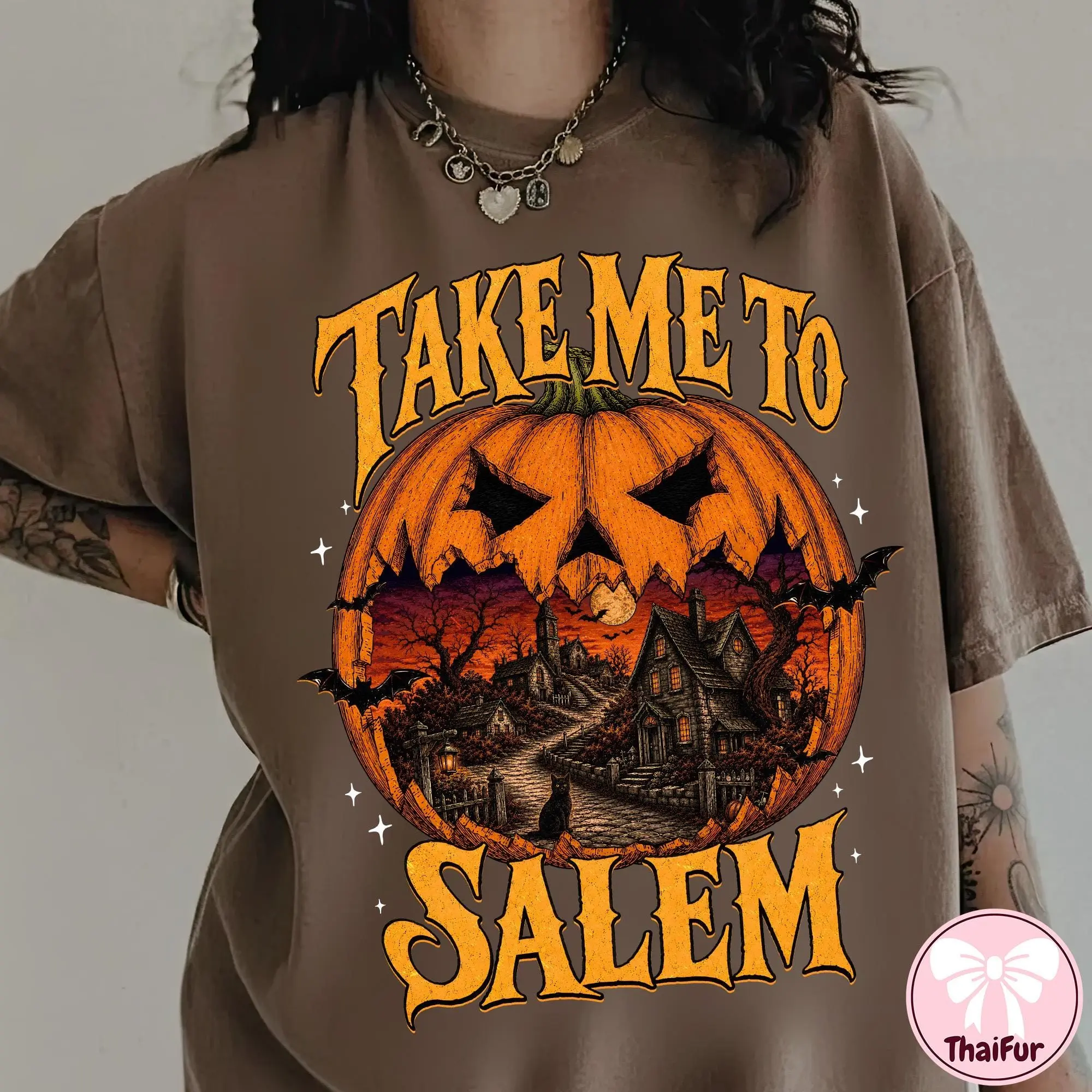Comfort Colors Take Me To Salem T-Shirt, Vintage Halloween Witch Retro Spooky Haunted Pumpkin Tee