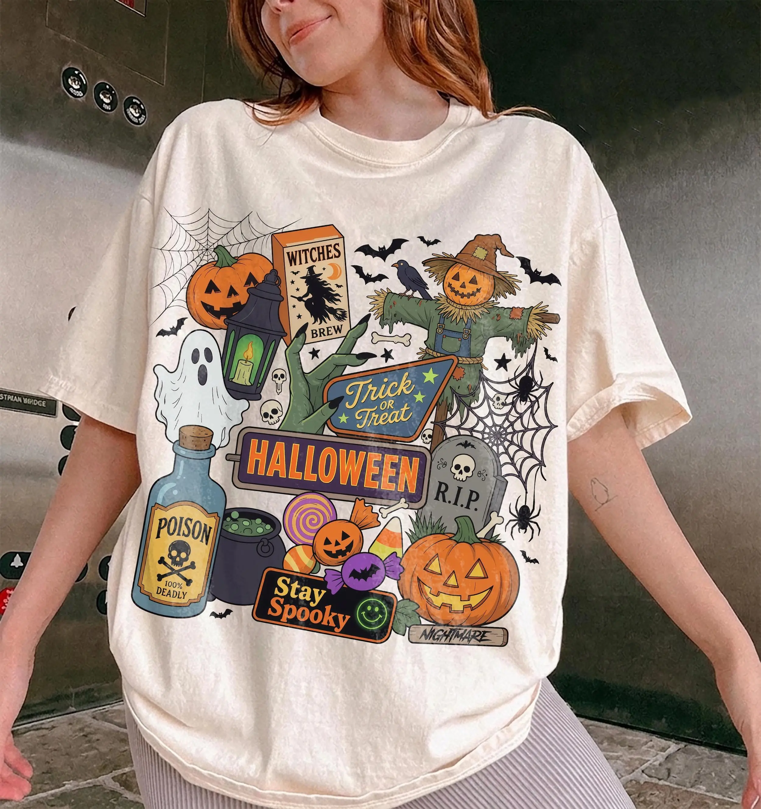 Vintage Halloween Trick Or Treat Shirt, Comfort Colors Spooky Party Pumpkin Ghost Scarecrow Fall Tee