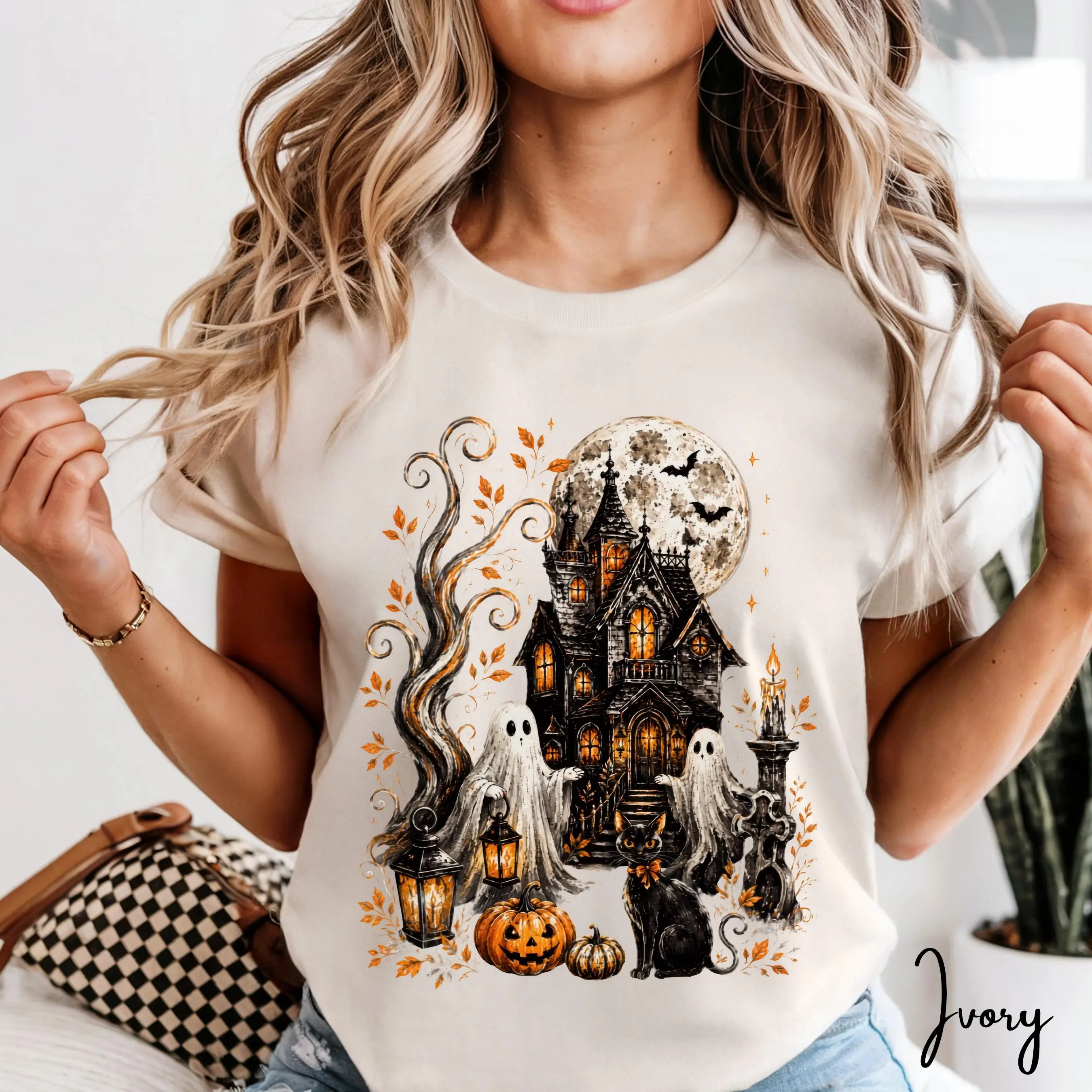 Comfort Colors 1717 Vintage Haunted House Shirt, Spooky Ghost Pumpkin Black Cat Fall Cottagecore Halloween Tee Gift