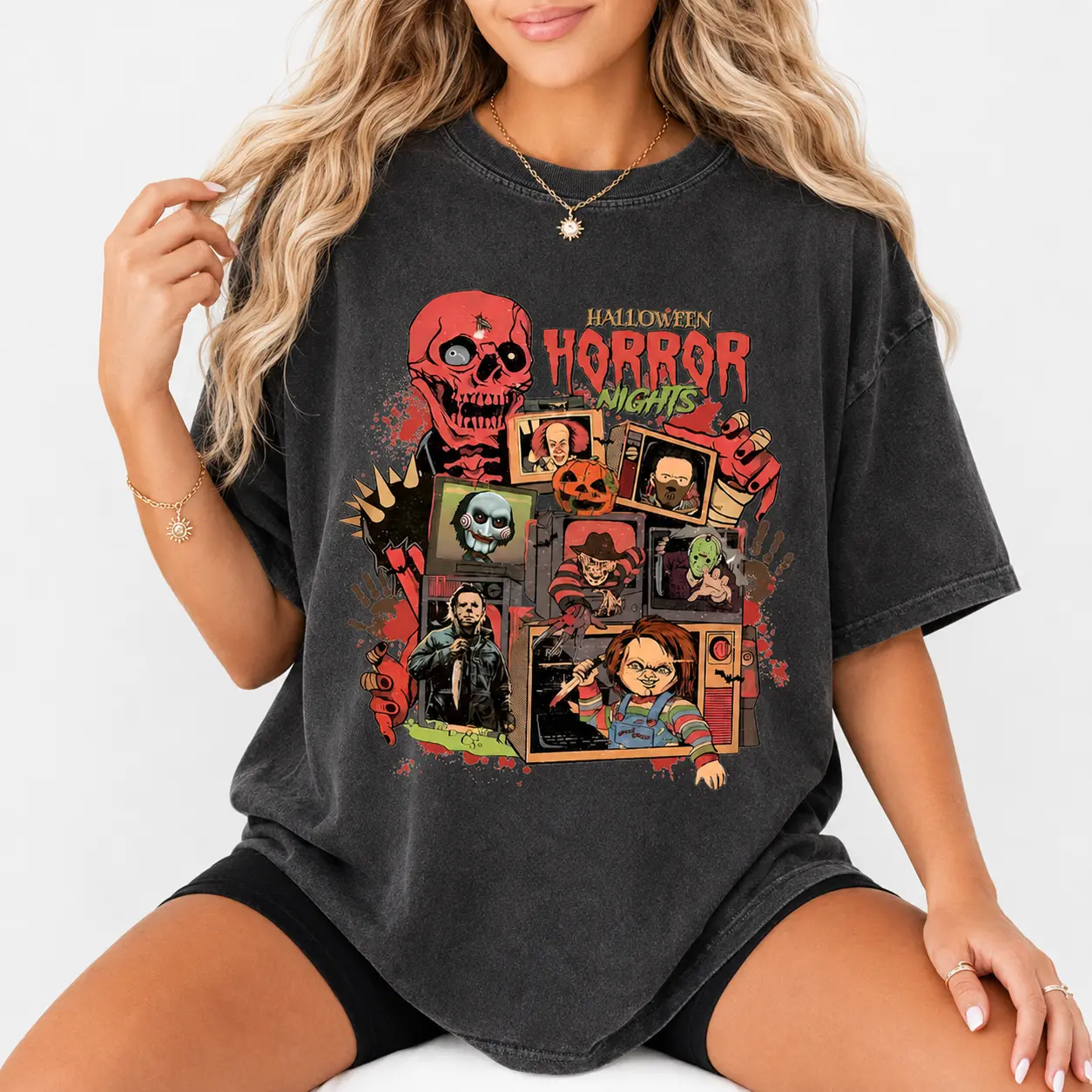 Vintage Horror Graphic Tee, Retro 90s Spooky Nights Oversized Halloween Vibes Shirt - photo 2