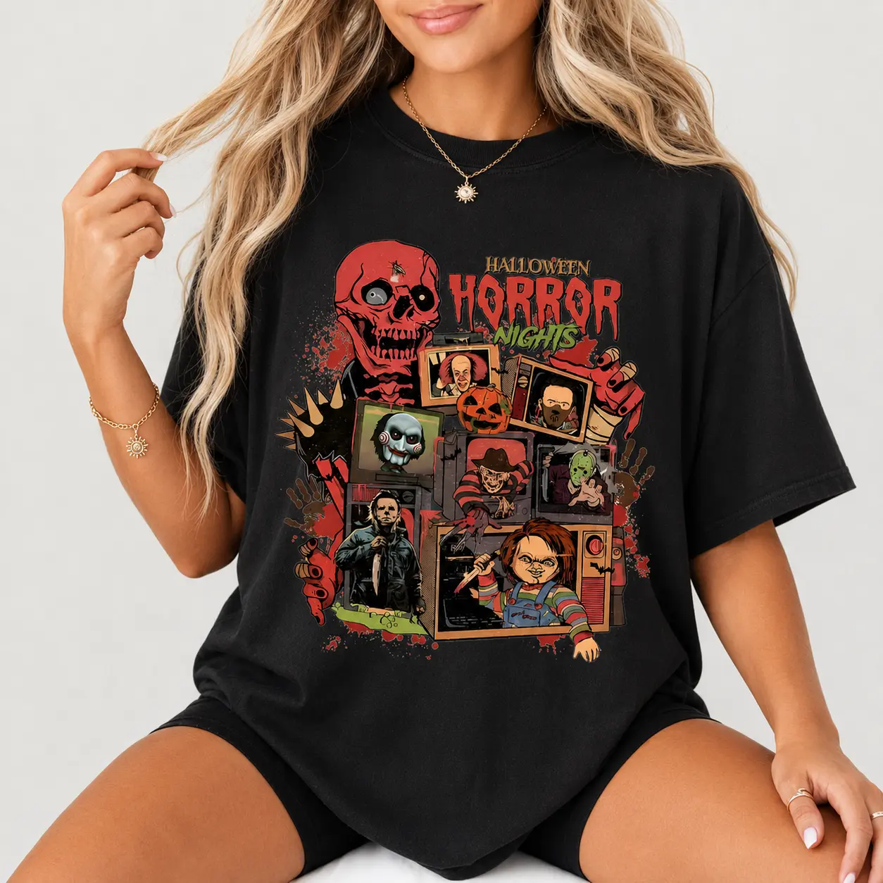Vintage Horror Graphic Tee, Retro 90s Spooky Nights Oversized Halloween Vibes Shirt - photo 3