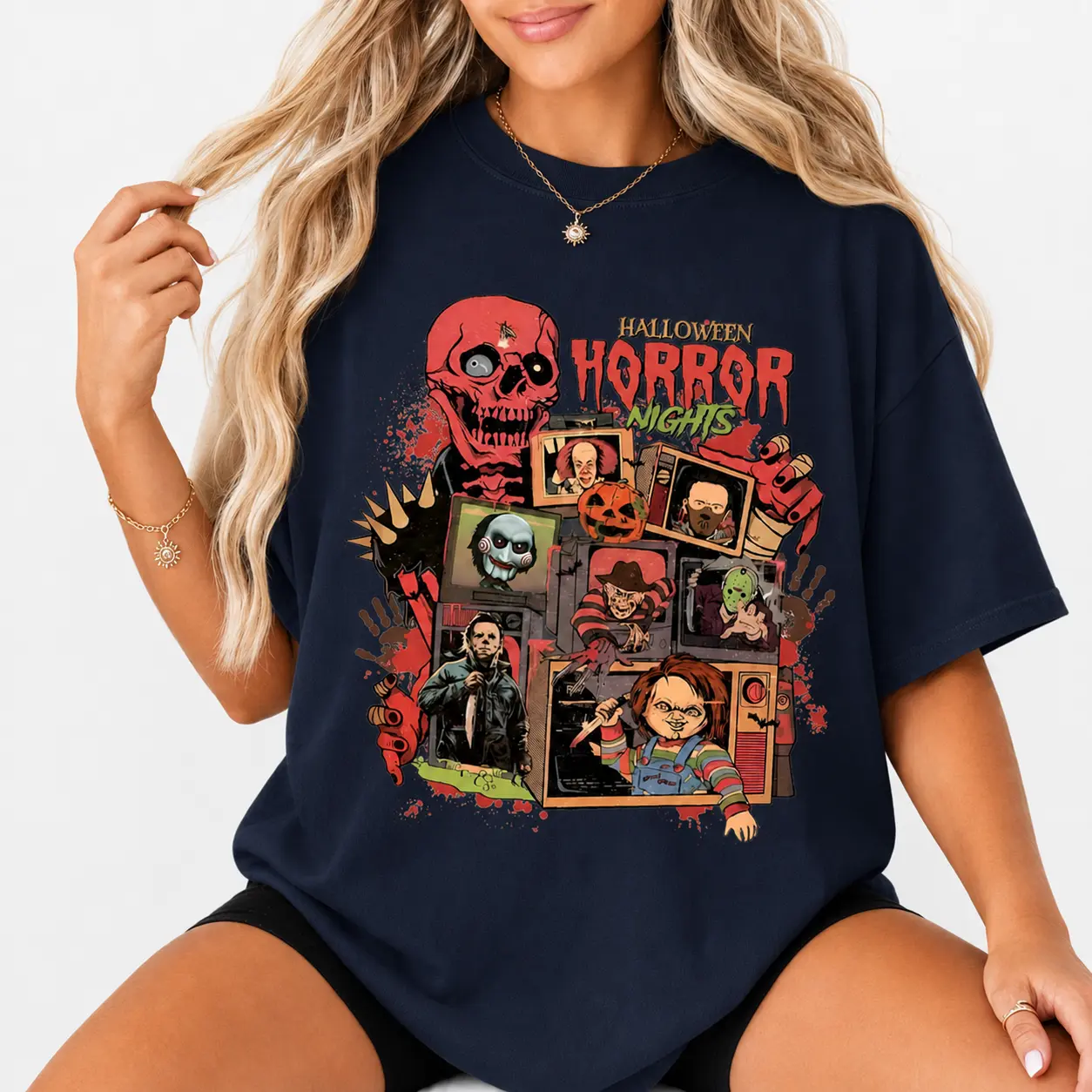 Vintage Horror Graphic Tee, Retro 90s Spooky Nights Oversized Halloween Vibes Shirt - photo 4