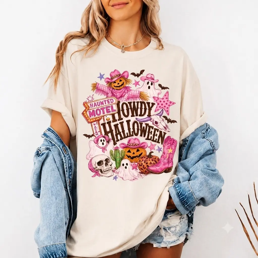 Vintage Howdy Halloween Shirt, Comfort Colors Pink Western Cowgirl Ghost Retro Graphic Tee for Women
