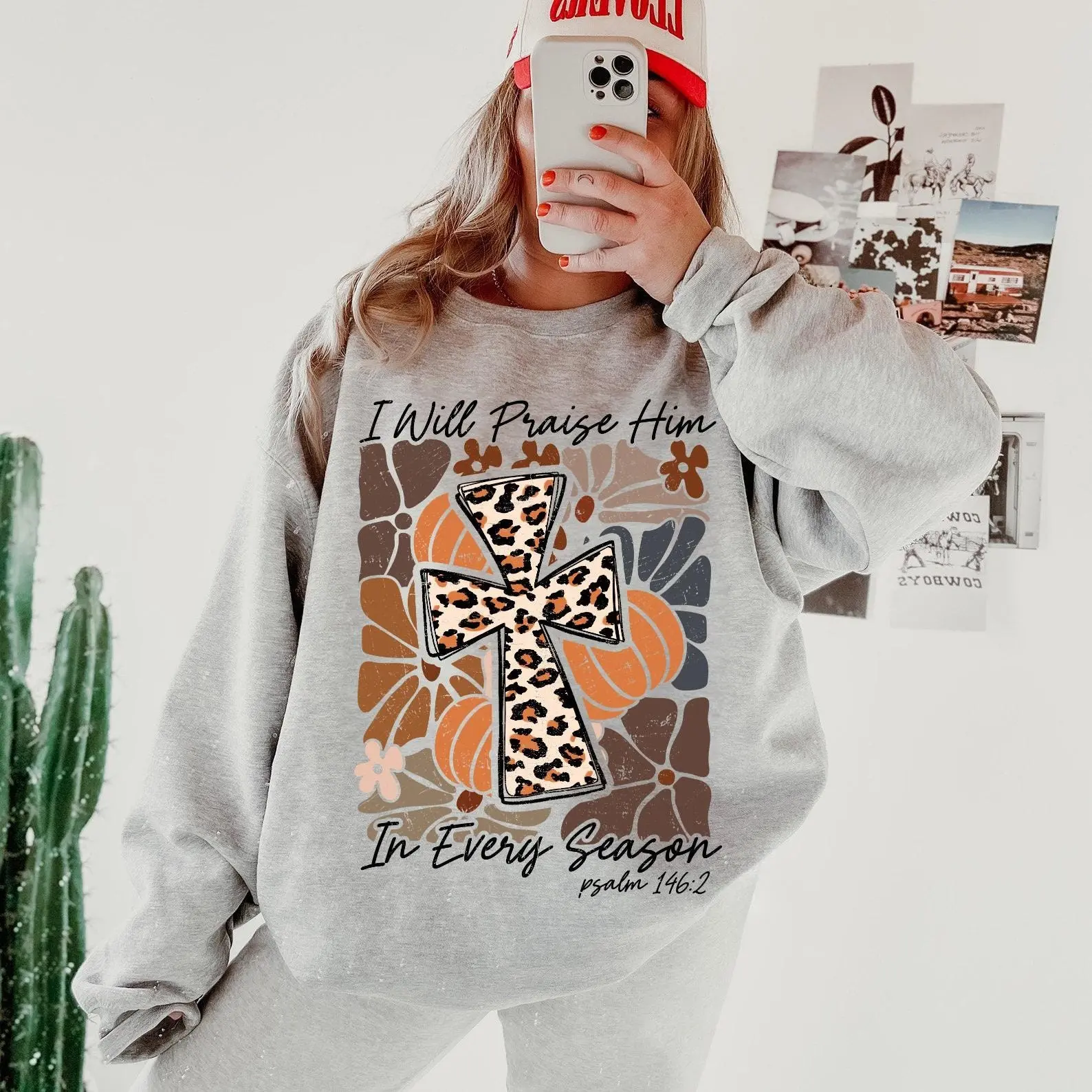 Vintage I Will Praise Him In Every Season Sweatshirt, Boho Floral Fall Bible Verse Pumpkin Crewneck - photo 2