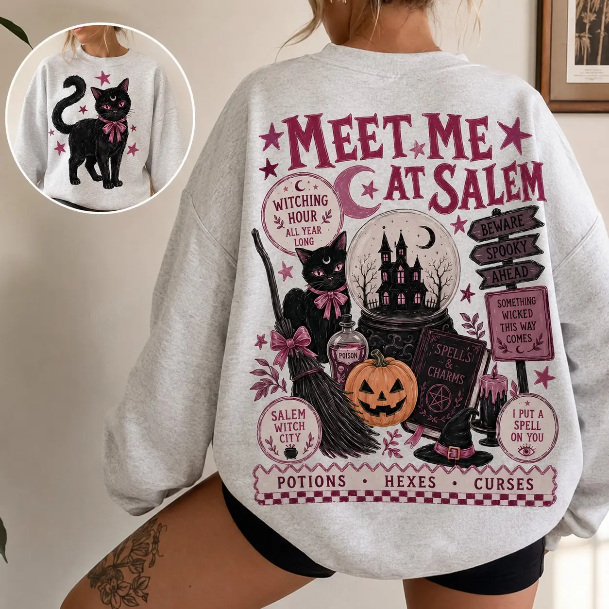 Vintage Meet Me At Salem Sweatshirt, Preppy Witchy Halloween Crewneck, Pink Retro Spooky Season Witch Pullover