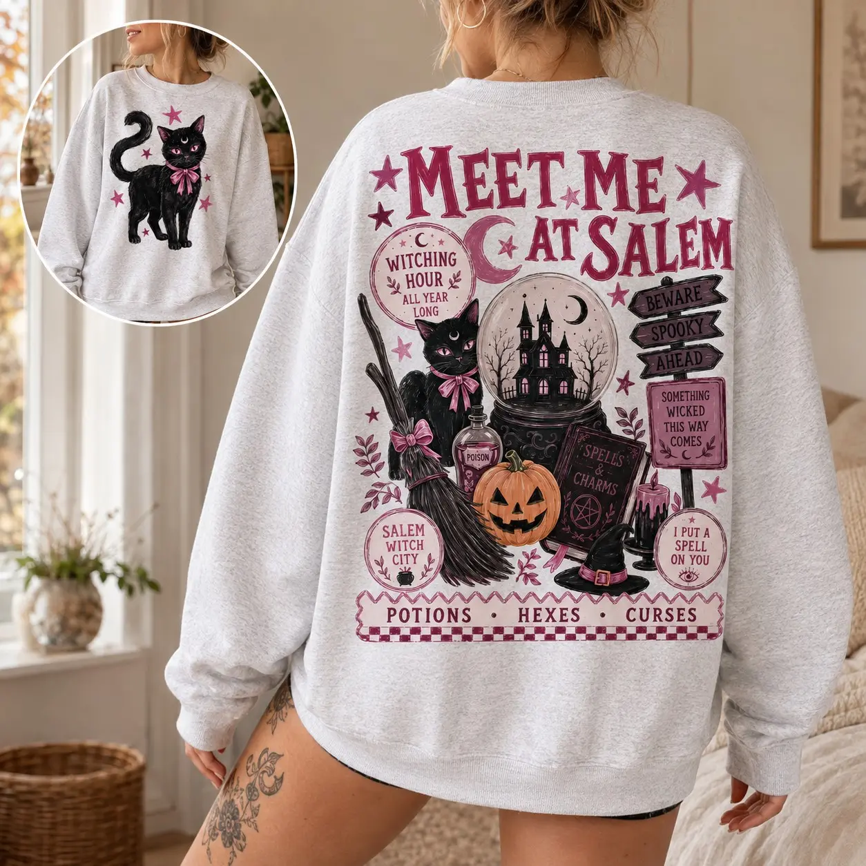 Vintage Meet Me At Salem Sweatshirt, Preppy Witchy Halloween Crewneck, Pink Retro Spooky Season Witch Pullover - photo 2