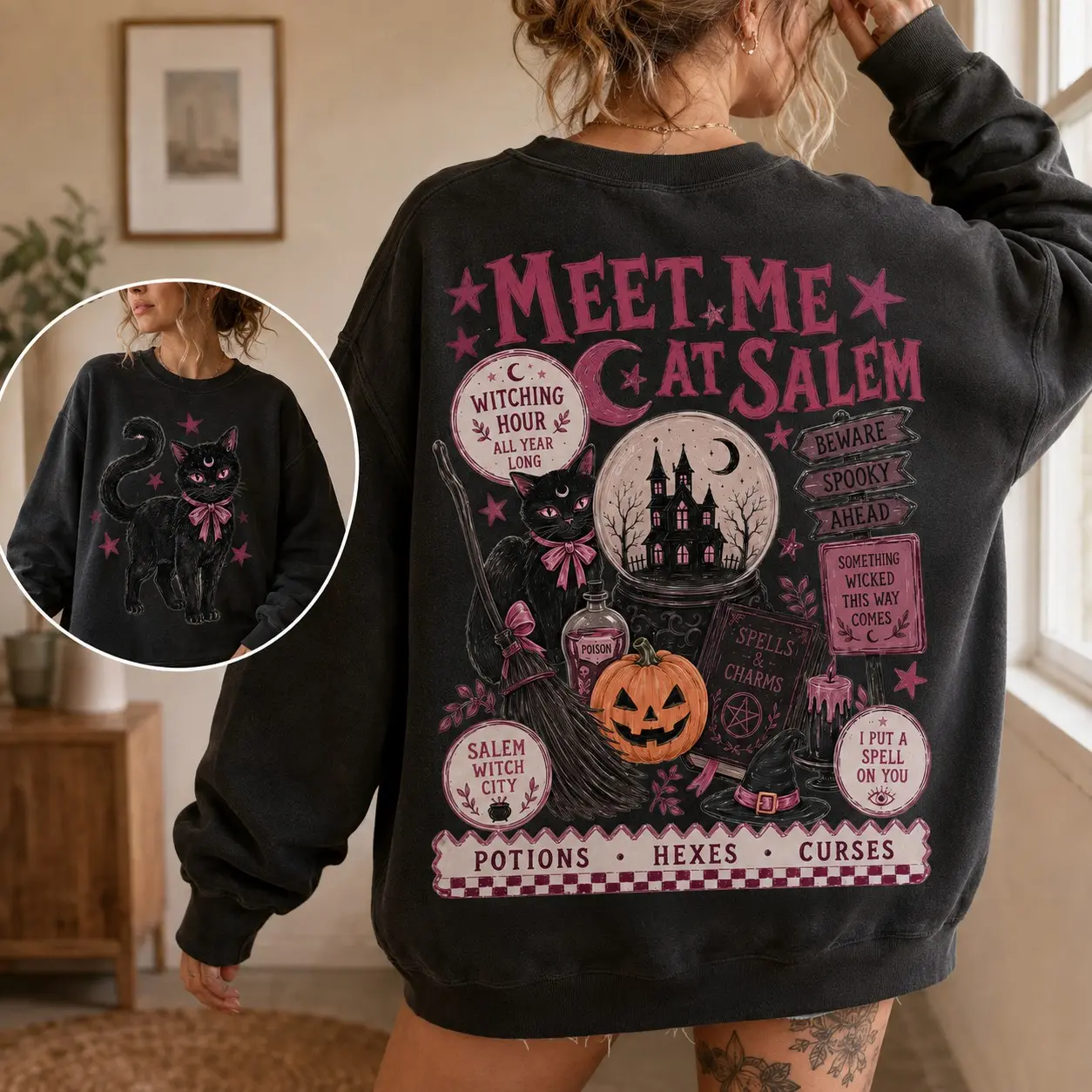 Vintage Meet Me At Salem Sweatshirt, Preppy Witchy Halloween Crewneck, Pink Retro Spooky Season Witch Pullover - photo 3