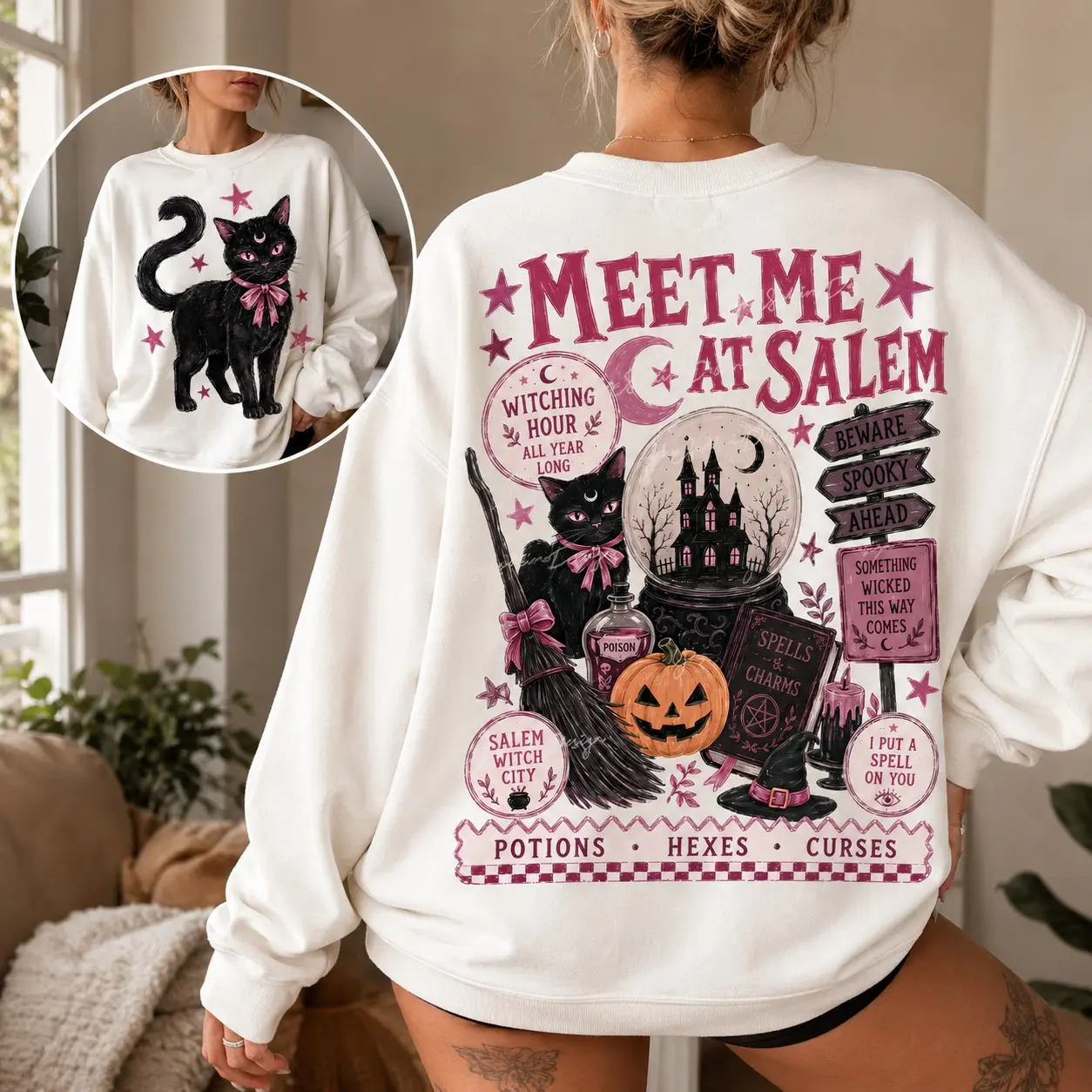 Vintage Meet Me At Salem Sweatshirt, Preppy Witchy Halloween Crewneck, Pink Retro Spooky Season Witch Pullover - photo 4