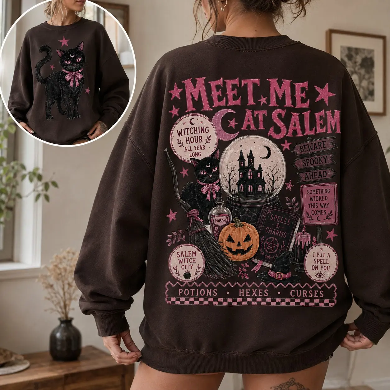 Vintage Meet Me At Salem Sweatshirt, Preppy Witchy Halloween Crewneck, Pink Retro Spooky Season Witch Pullover - photo 5