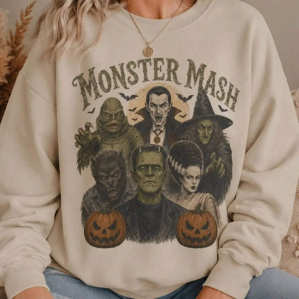 Vintage Monster Mash Sweatshirt, Oversized Frankenstein Dracula Witch Halloween Horror Fan Crewneck Gift - photo 1