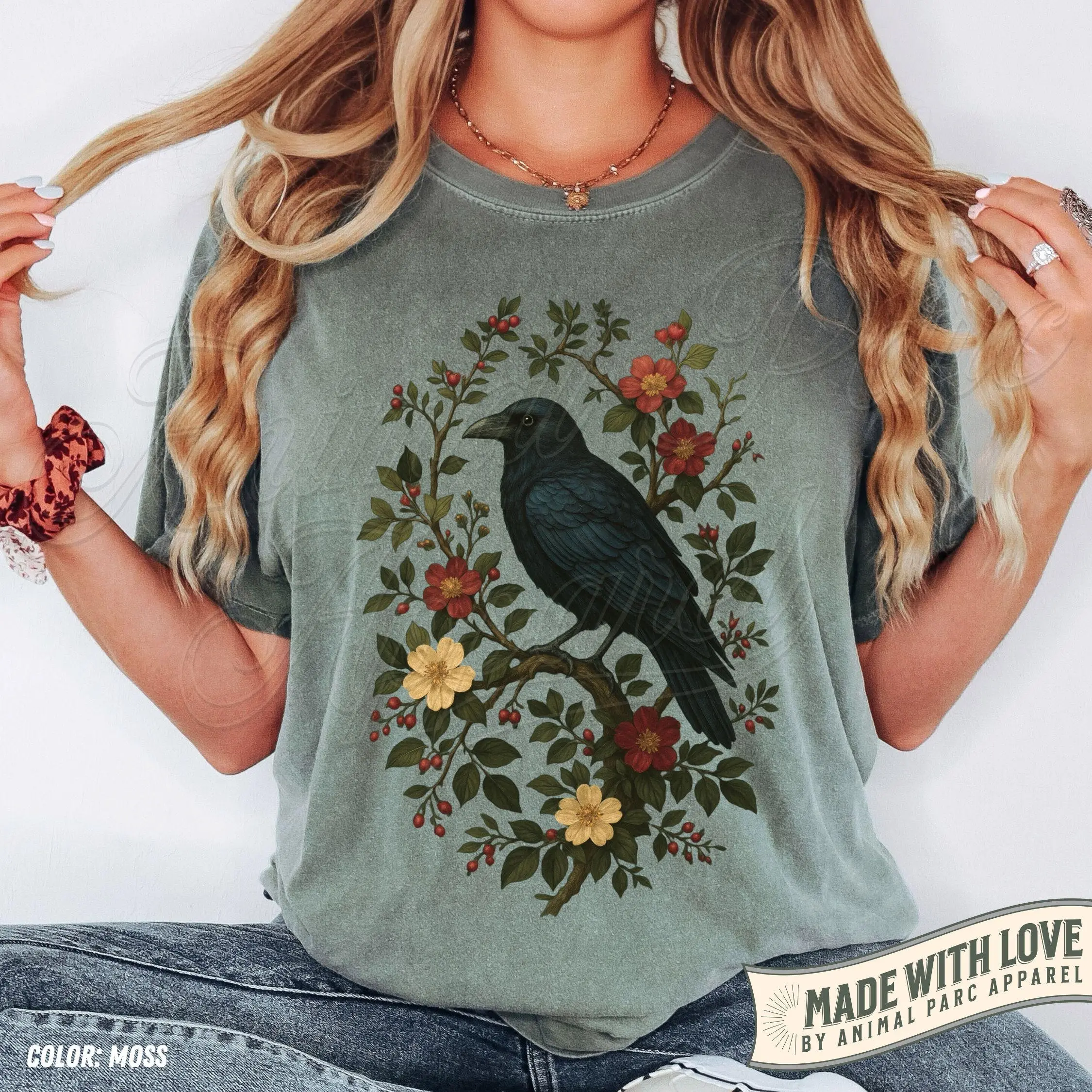 Vintage Raven T-Shirt, Gothic Cottagecore Crow Floral Graphic Top, Dark Nature Witchy Aesthetic Retro Bird Gift For Her