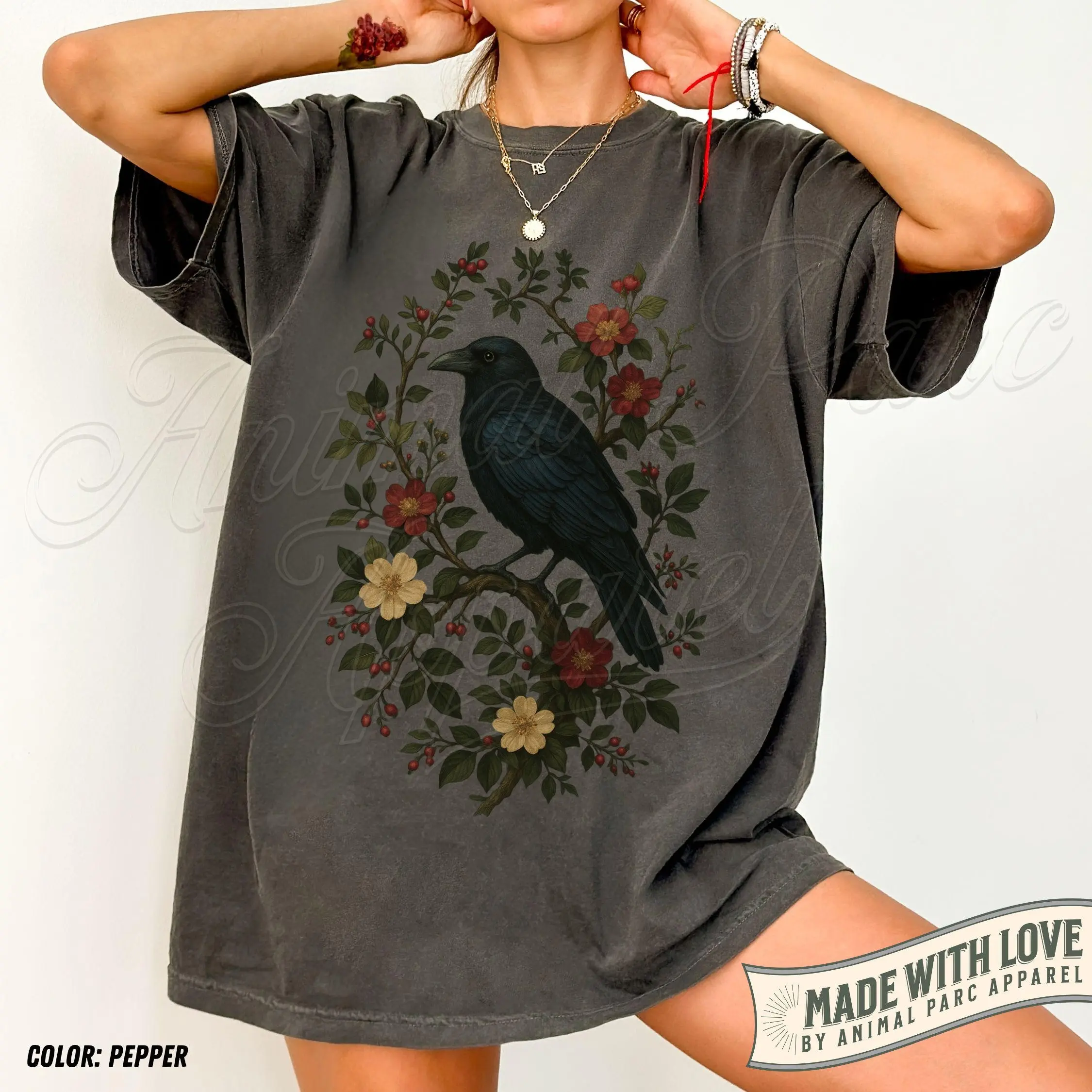 Vintage Raven T-Shirt, Gothic Cottagecore Crow Floral Graphic Top, Dark Nature Witchy Aesthetic Retro Bird Gift For Her - photo 2