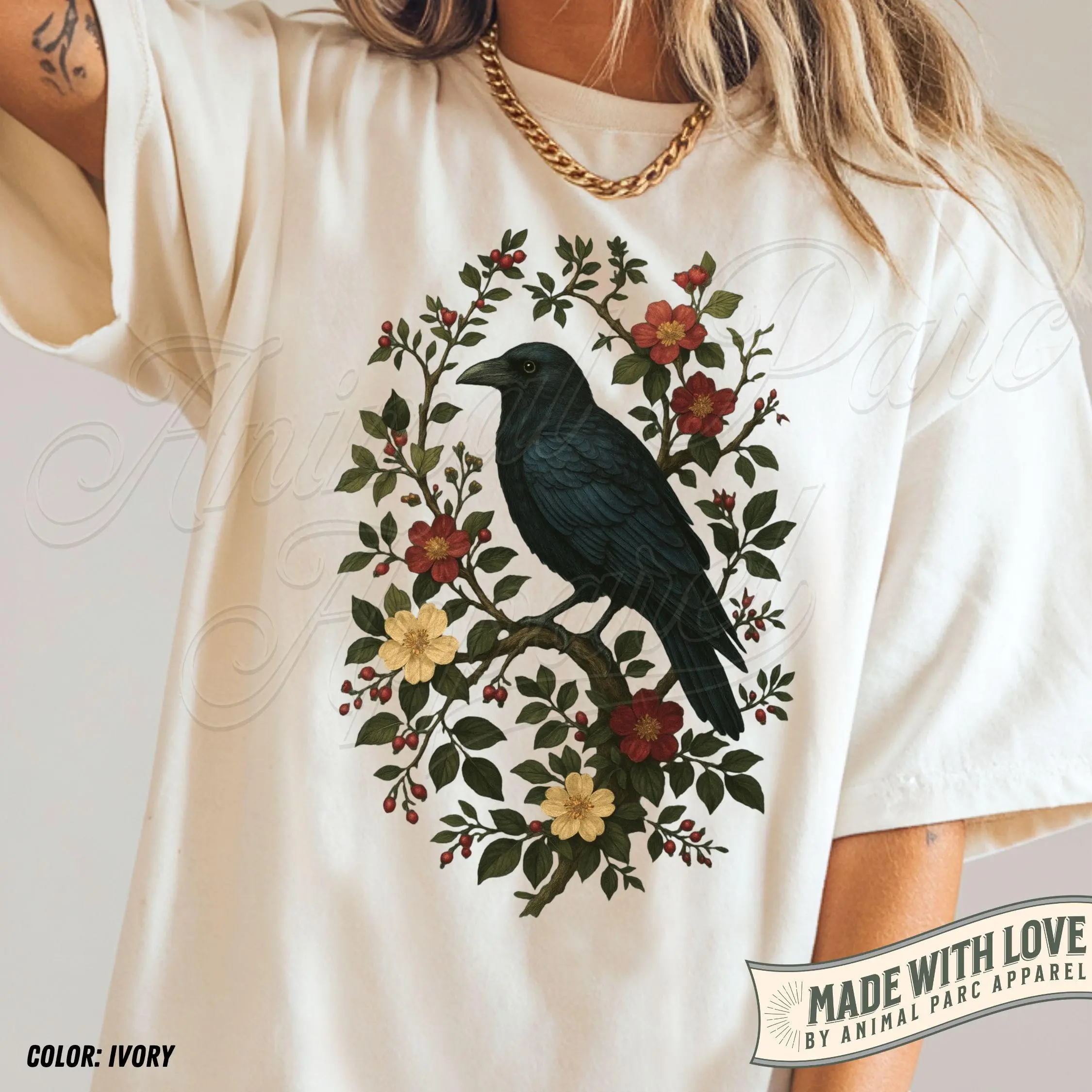 Vintage Raven T-Shirt, Gothic Cottagecore Crow Floral Graphic Top, Dark Nature Witchy Aesthetic Retro Bird Gift For Her - photo 3