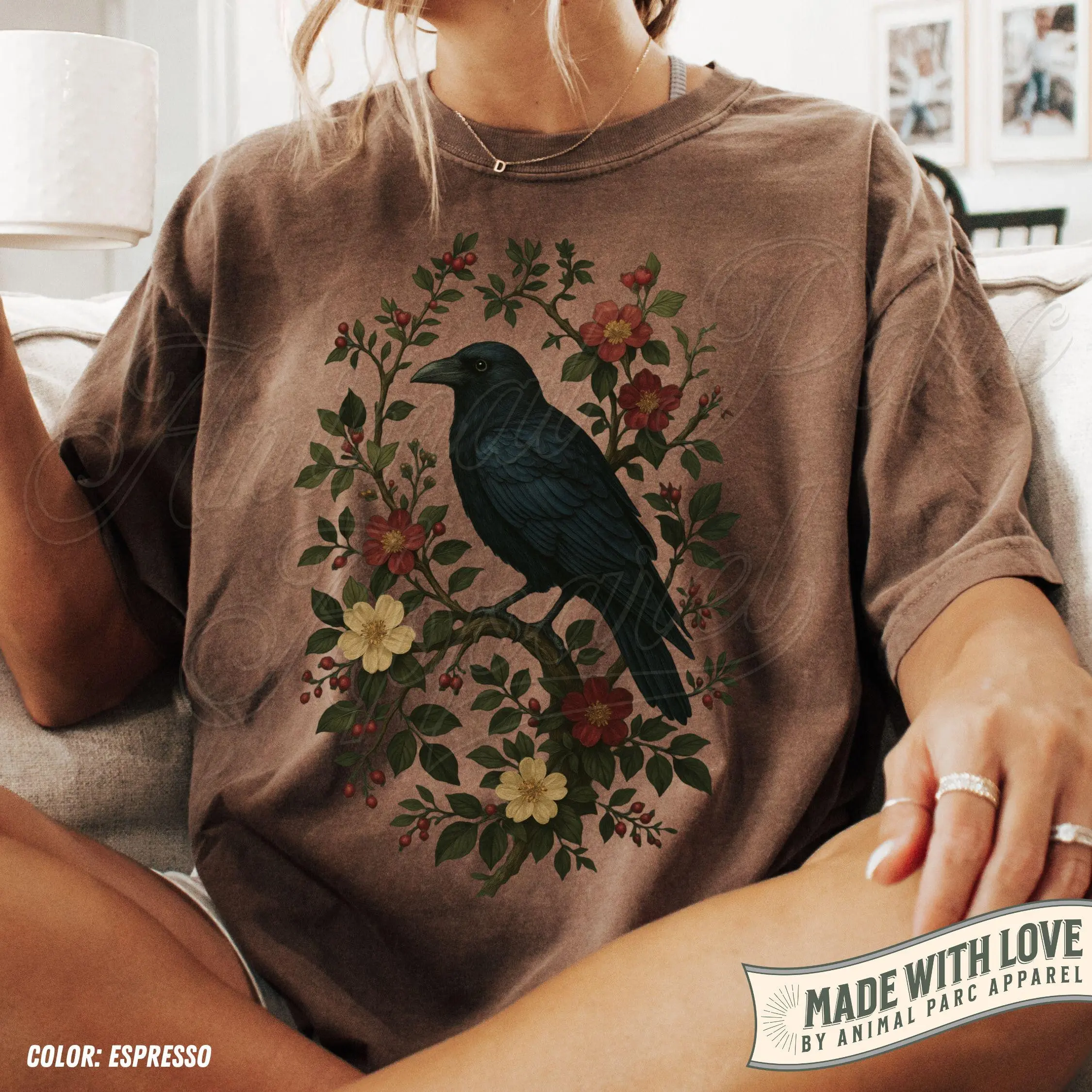 Vintage Raven T-Shirt, Gothic Cottagecore Crow Floral Graphic Top, Dark Nature Witchy Aesthetic Retro Bird Gift For Her - photo 4