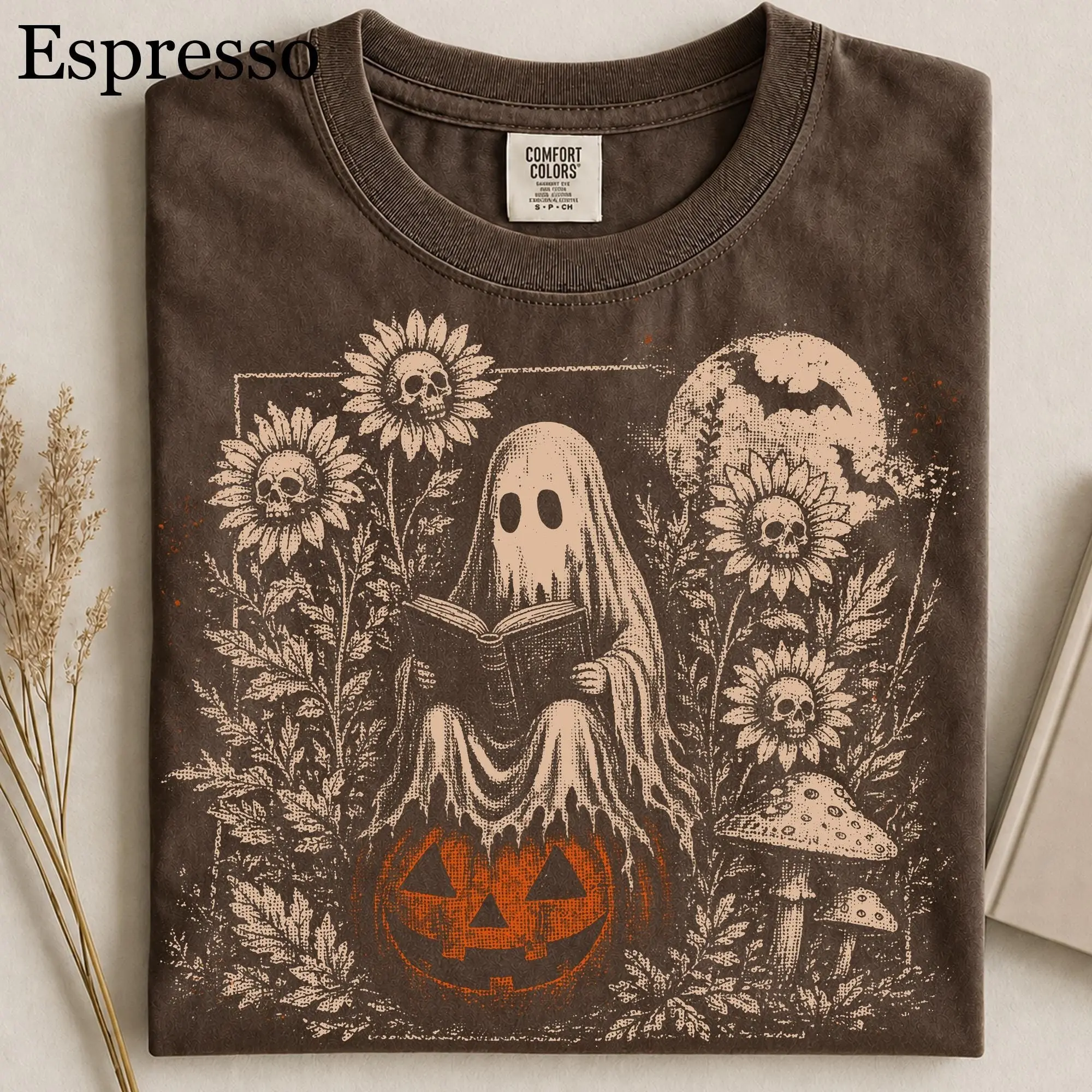 Comfort Colors Vintage Reading Ghost Shirt, Gothic Skeleton Floral Halloween Spooky Book Lover Tee